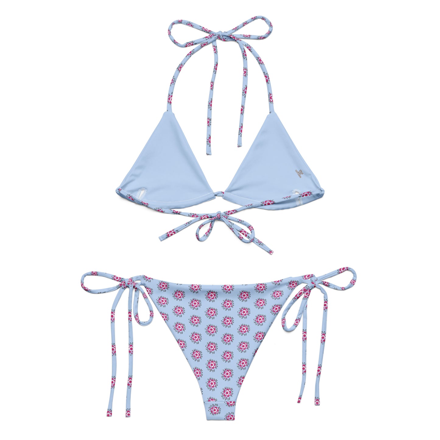 Blue Bloom Recycled String Bikini featuring a light blue triangle top with floral trim and matching floral print tie-side bottoms, made from sustainable recycled material.