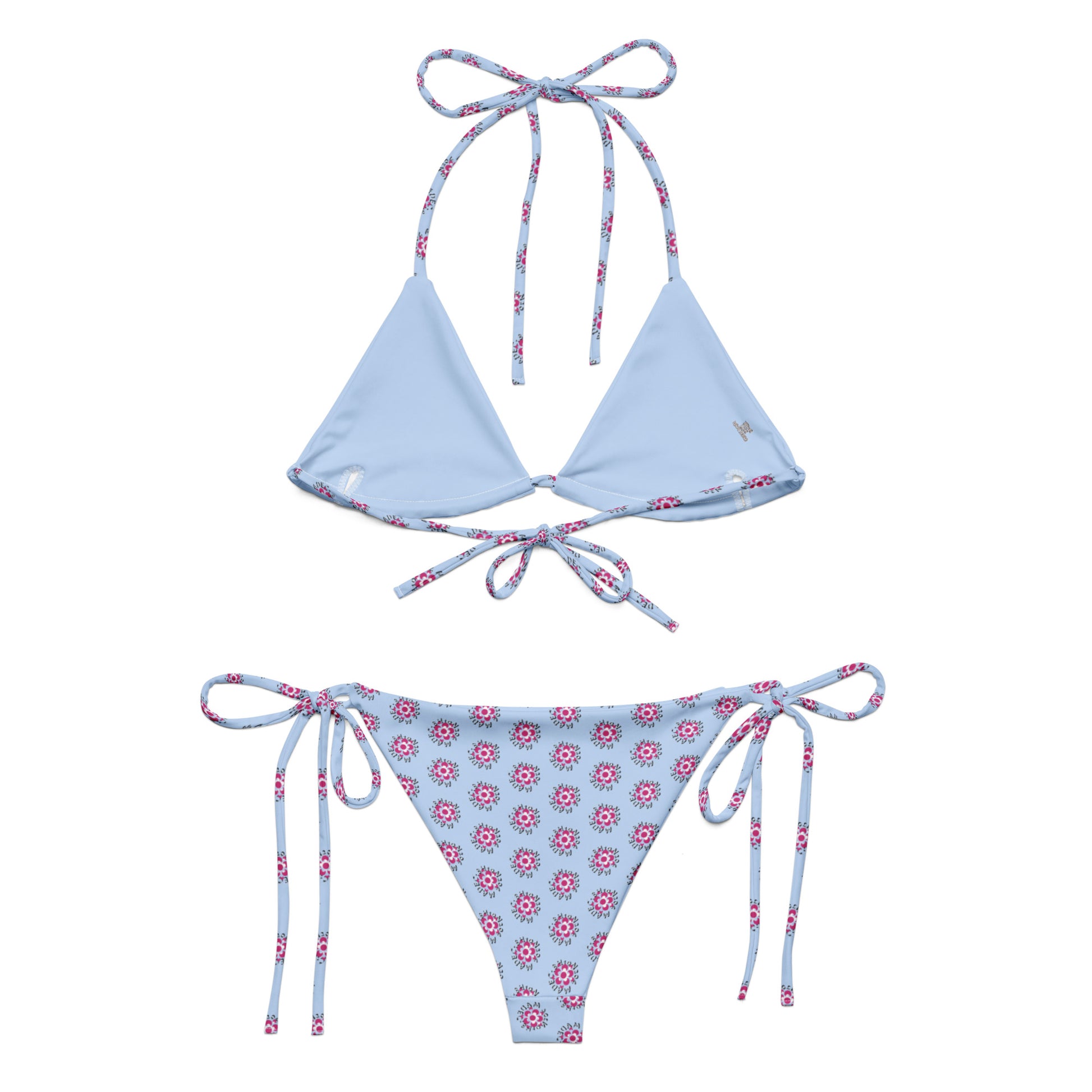 Blue Bloom Recycled String Bikini featuring a light blue triangle top with floral trim and matching floral print tie-side bottoms, made from sustainable recycled material.