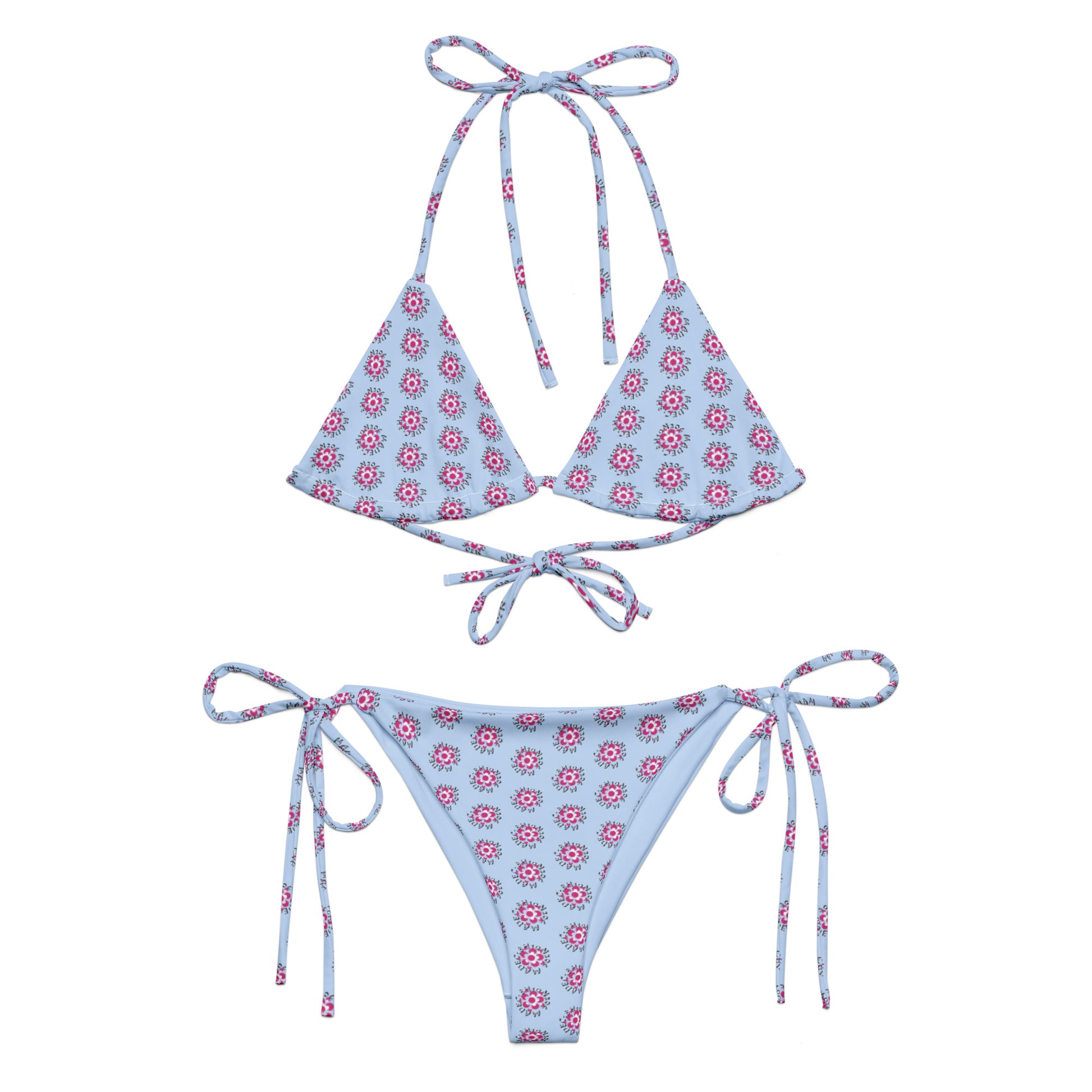 Blue Bloom Recycled String Bikini featuring a light blue fabric with a pink and white floral pattern, adjustable halter neck and side tie closures for a customizable fit.