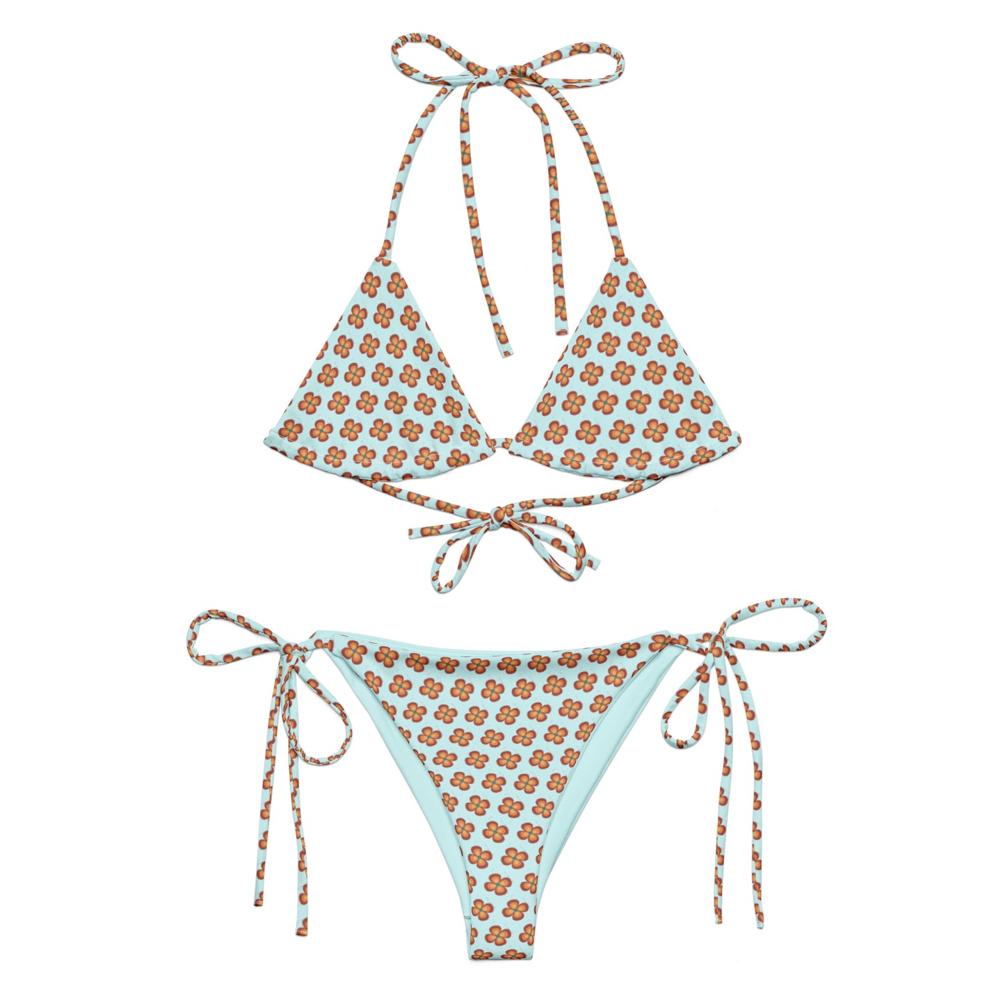 Garden Teal Recycled String Bikini with light blue fabric and orange floral print, featuring adjustable ties at the neck, back, and hips for a customizable fit.