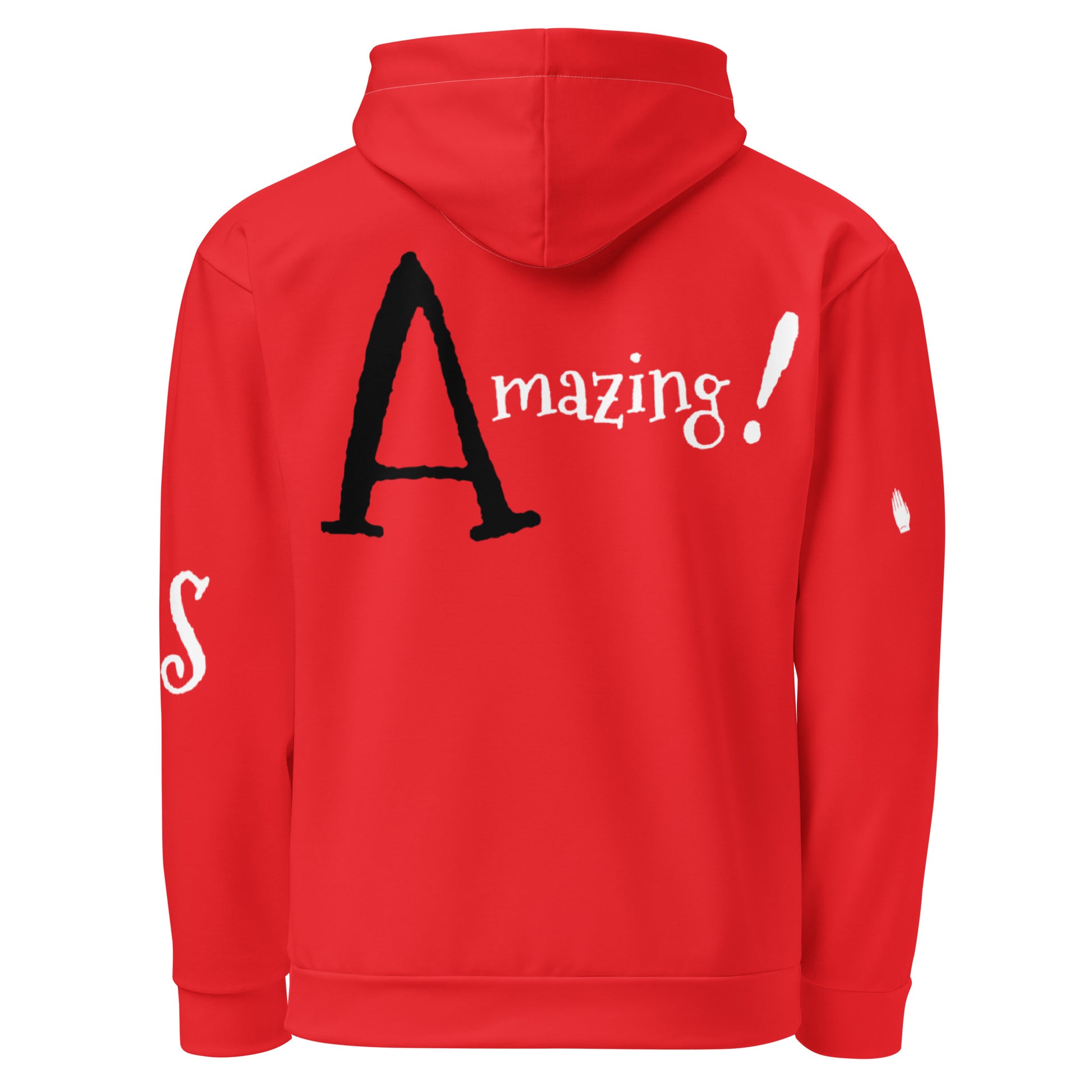 Red hoodie with the word "Amazing!" printed on the back in bold white and black lettering, part of the Hoodie – God Every Day collection, featuring faith-inspired apparel with purpose-driven messaging.