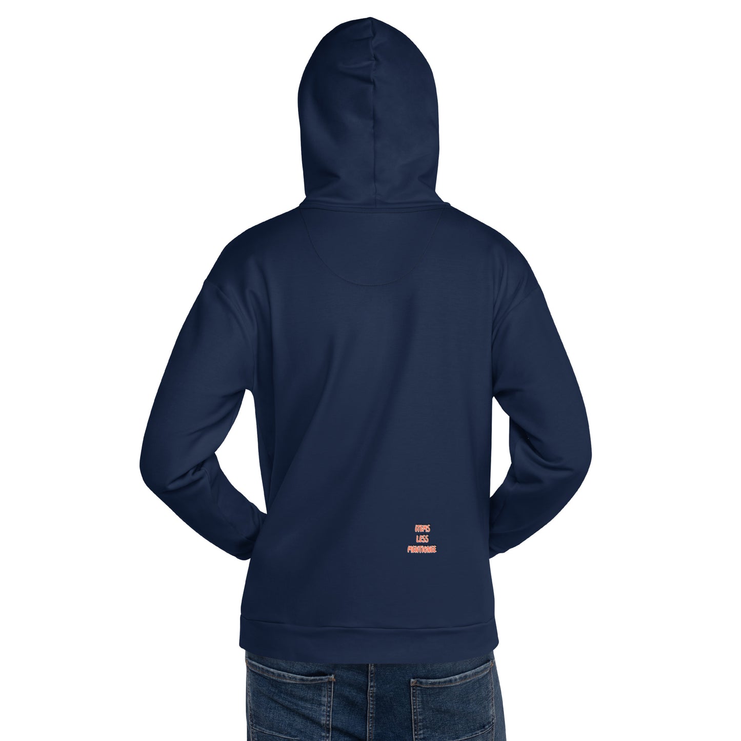 Back view of a navy blue "Put Your Faith in Christ Hoodie" worn by a person, featuring a small printed faith-inspired message near the lower back, styled with casual jeans.