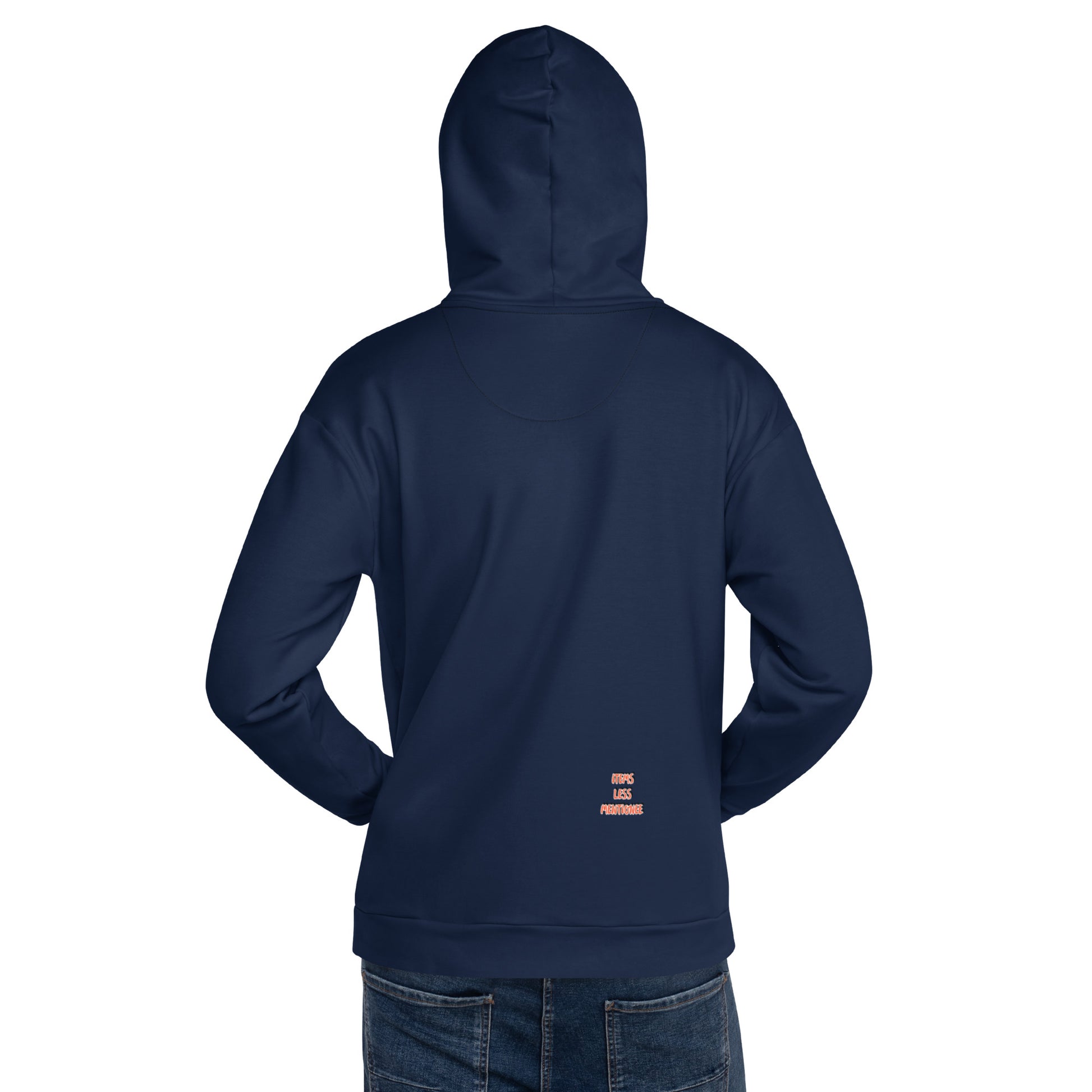 Back view of a navy blue "Put Your Faith in Christ Hoodie" worn by a person, featuring a small printed faith-inspired message near the lower back, styled with casual jeans.