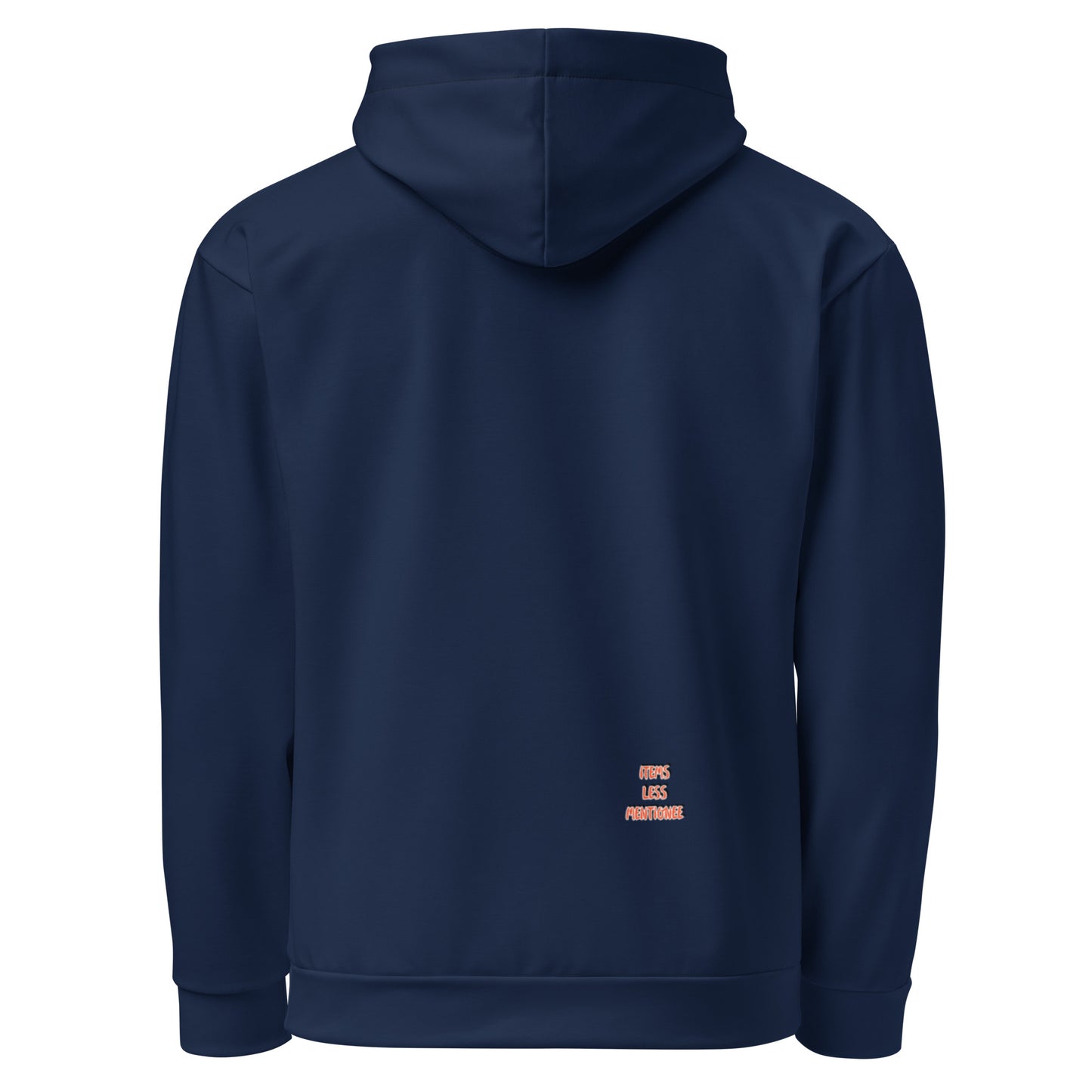 Back view of a navy blue Put Your Faith in Christ Hoodie with a small printed message near the bottom hem, showcasing faith-inspired apparel for everyday wear.