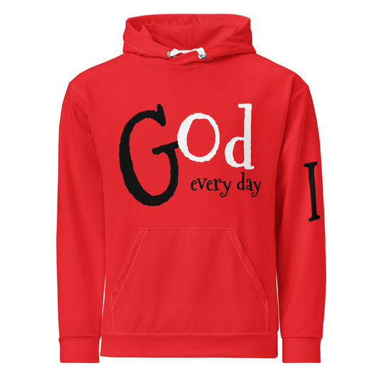 Red hoodie featuring bold "God every day" text in artistic black and white font, part of Hoodie – God Every Day collection, faith-inspired apparel with purpose-driven messaging.