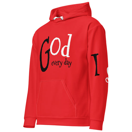 Red hoodie featuring bold black and white text reading "God every day" across the front and sleeve, Hoodie – God Every Day with faith-inspired apparel and purpose-driven messaging.