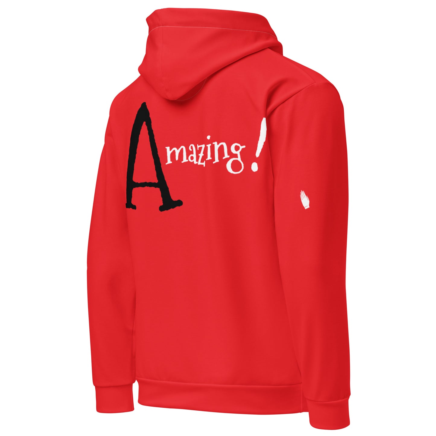 Red hoodie featuring bold black and white text saying "Amazing!" on the back, styled as Hoodie – God Every Day with faith-inspired melanin-rich imagery and purpose-driven messaging.