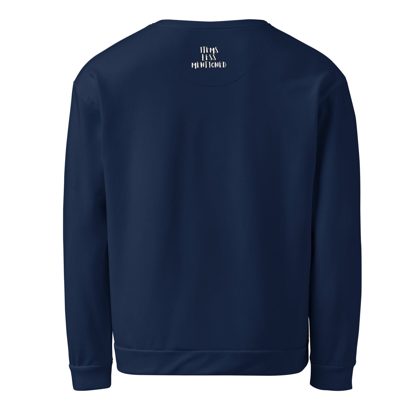 Back view of a navy blue Unisex Sweatshirt – City Nights with minimalist white text near the neckline, designed as faith-inspired apparel featuring melanin-rich imagery and purpose-driven messaging. Walk in purpose. Wear your faith.