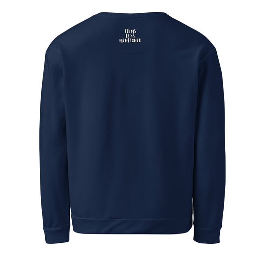 Back view of a navy blue Unisex Sweatshirt – City Nights with minimalist white text near the neckline, designed as faith-inspired apparel featuring melanin-rich imagery and purpose-driven messaging. Walk in purpose. Wear your faith.