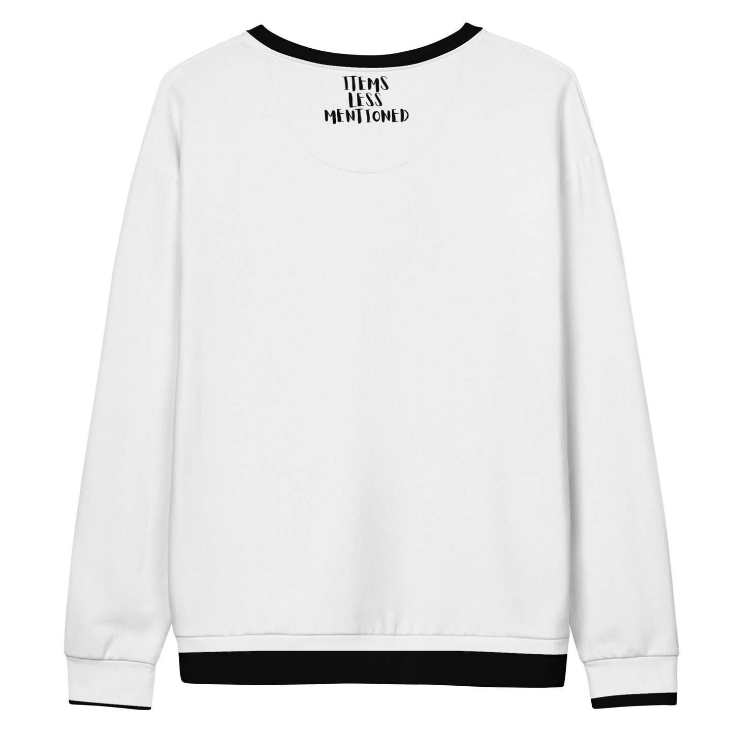 Back view of a white Unisex Sweatshirt – Crazy Without Coffee with black collar and hem detailing, featuring faith-inspired, melanin-rich messaging branded on the inside neck area.