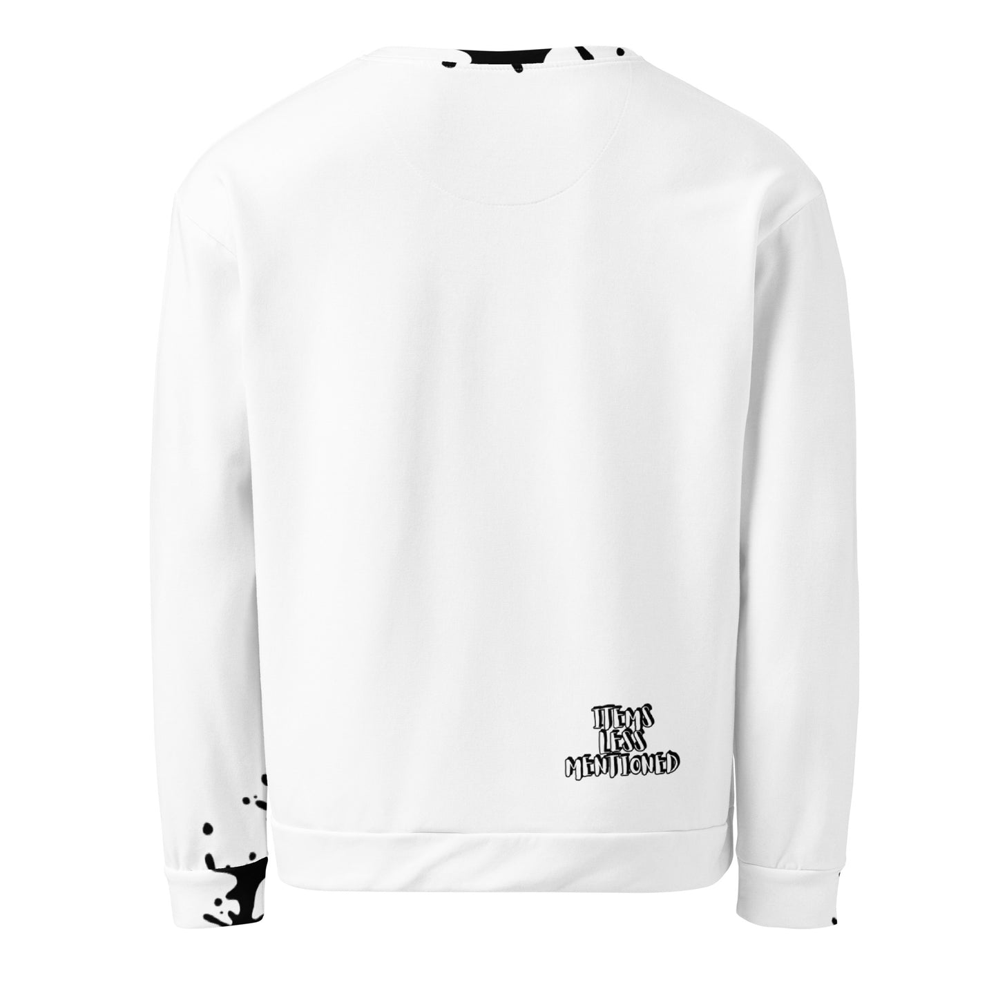 Back view of a white Unisex Sweatshirt – Start & End With Prayer featuring subtle black ink splatter details on the cuff and lower hem, showcasing faith-inspired apparel with purpose-driven messaging.