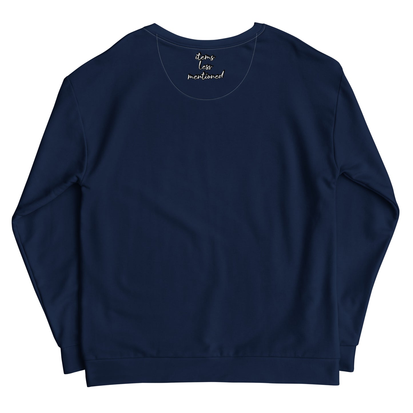 Navy blue Waiting on Divine Timing Sweatshirt displayed from the back, showing a simple, clean design made from soft fabric with a subtle "Items Less Mentioned" label inside the neckline.