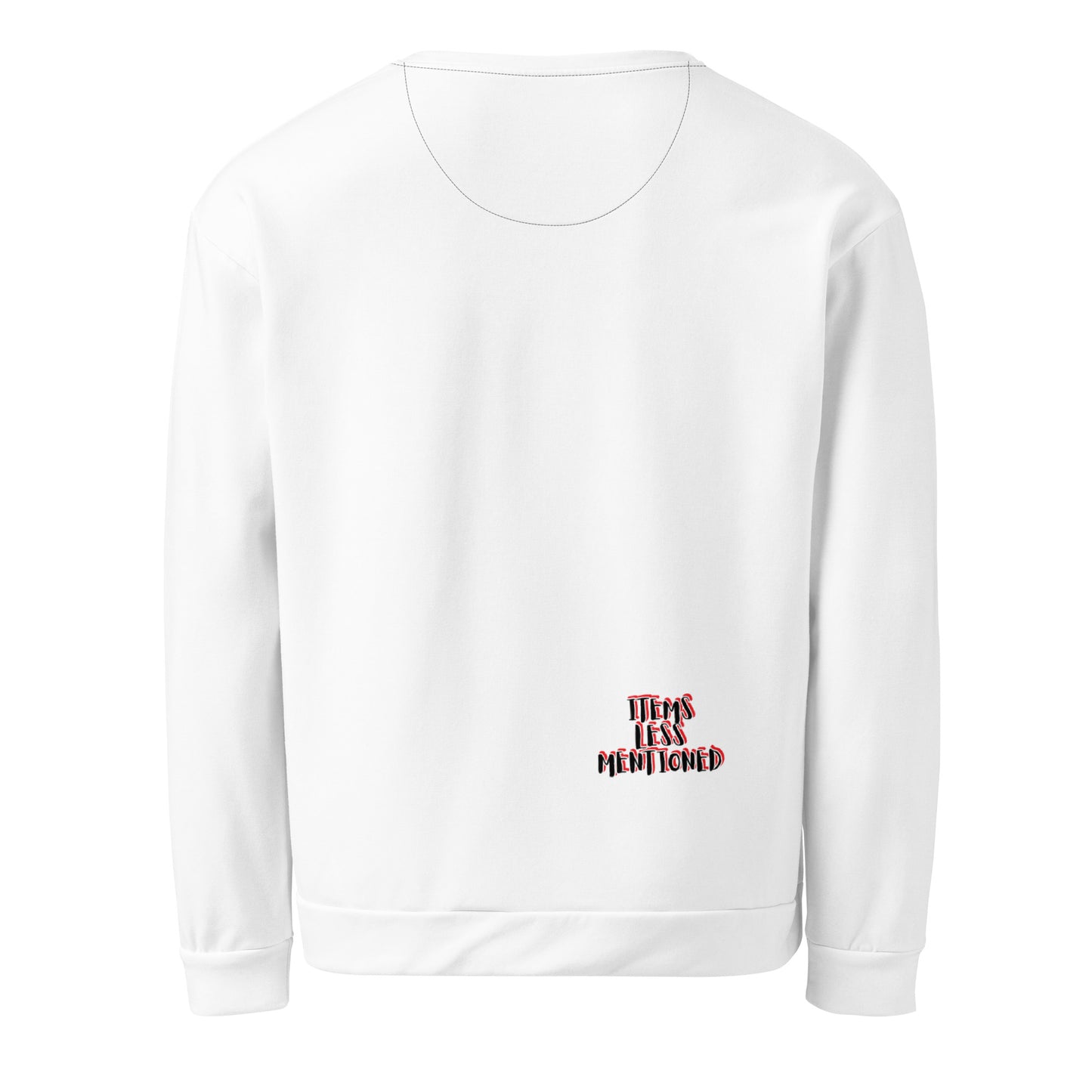 White recycled fabric sweatshirt with a small "Items Less Mentioned" red and black logo on the lower front, part of the Black Girl Magic Sweatshirt collection.