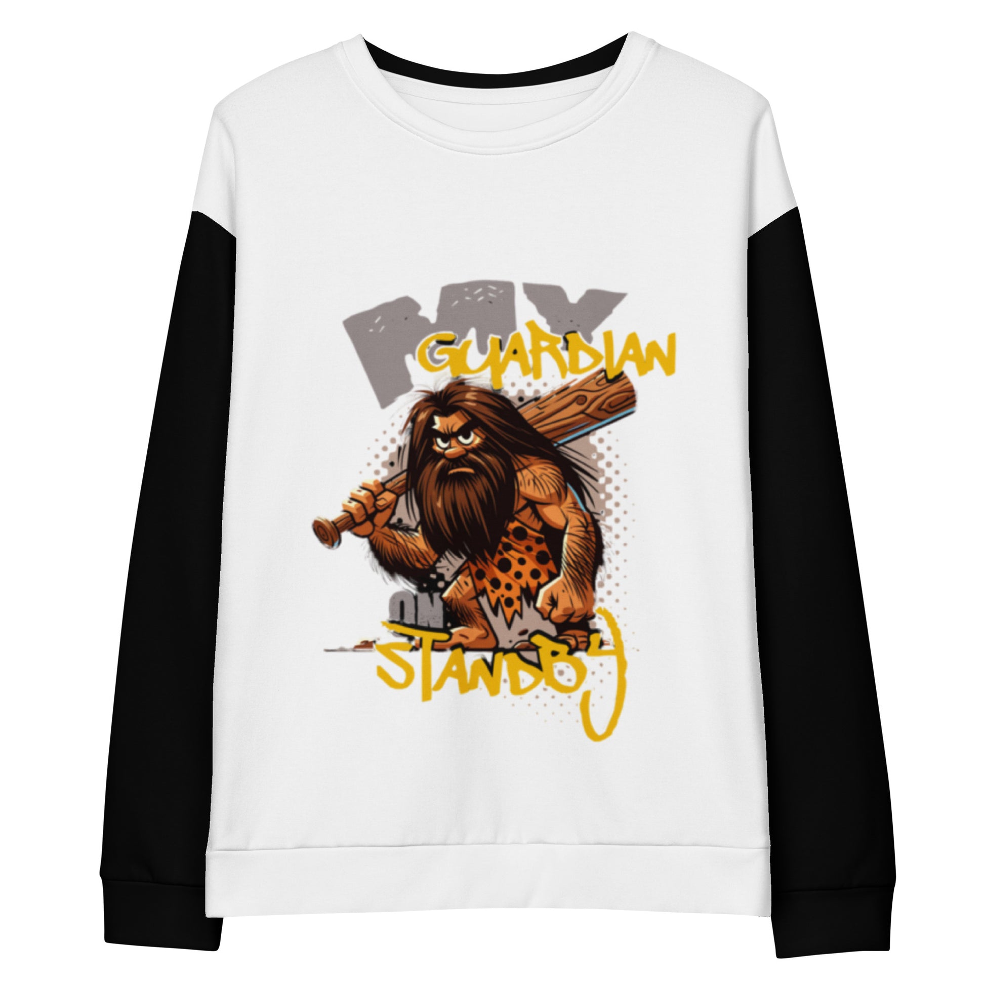 Unisex Sweatshirt – My Guardian Angel on Standby with black sleeves and a front graphic of a fierce caveman holding a wooden club, featuring bold yellow and gray text, faith-inspired apparel with melanin-rich imagery and purpose-driven messaging.