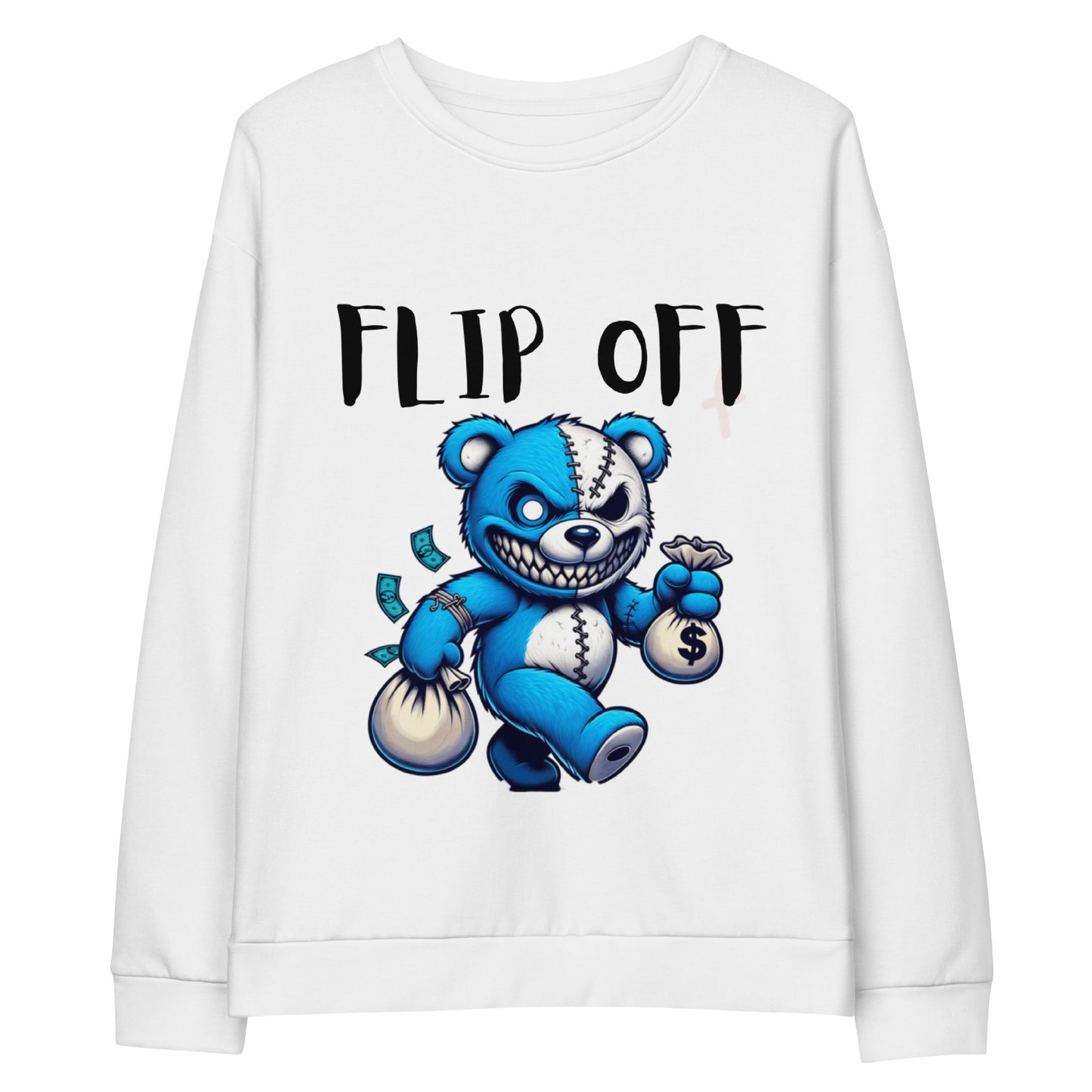 Unisex Sweatshirt – Bag Secured featuring a white base with a bold graphic of a stitched blue bear holding money bags and the phrase "Flip Off," combining faith-inspired apparel with purpose-driven messaging.