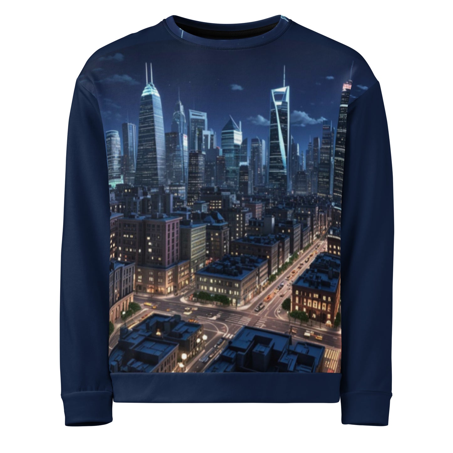 Unisex Sweatshirt – City Nights featuring a vibrant city skyline at night with illuminated skyscrapers and streets, blending faith-inspired apparel with melanin-rich imagery and purpose-driven messaging. Walk in purpose. Wear your faith.