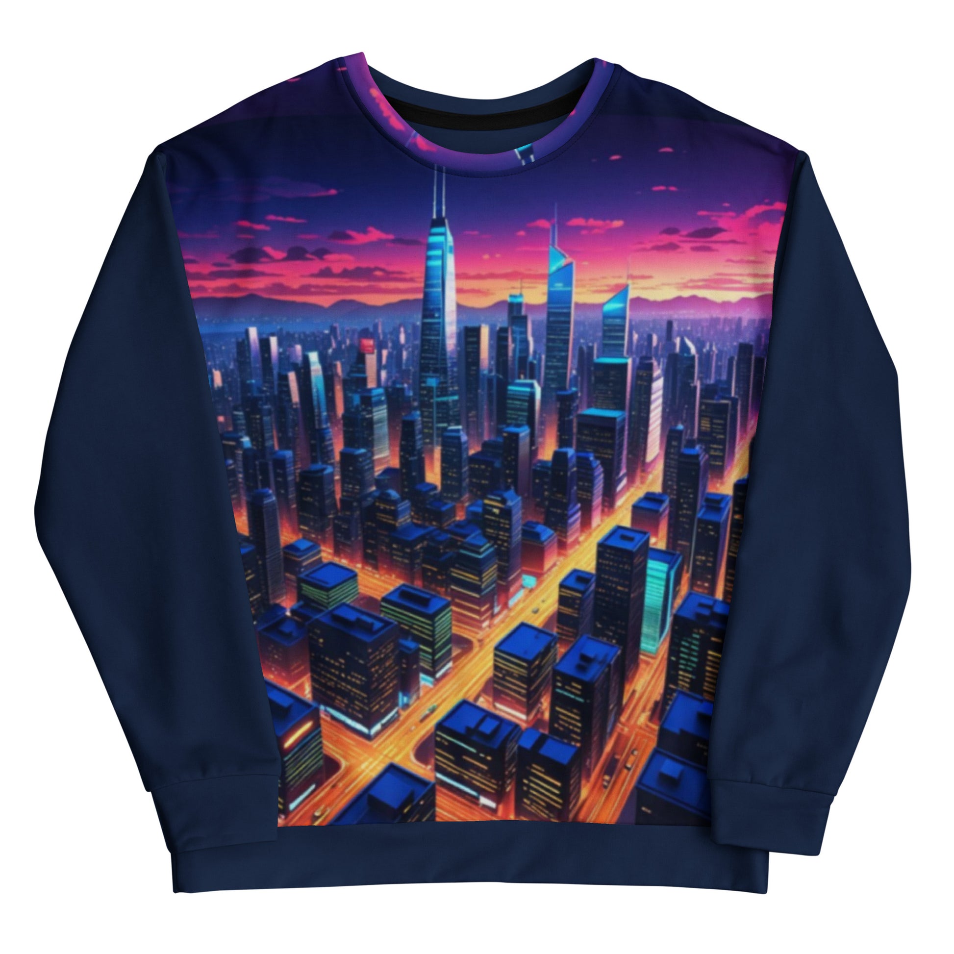 Unisex Sweatshirt – City Skyline featuring a vibrant cityscape at sunset with illuminated skyscrapers and streets, blending melanin-rich imagery with purpose-driven messaging. Walk in purpose. Wear your faith.