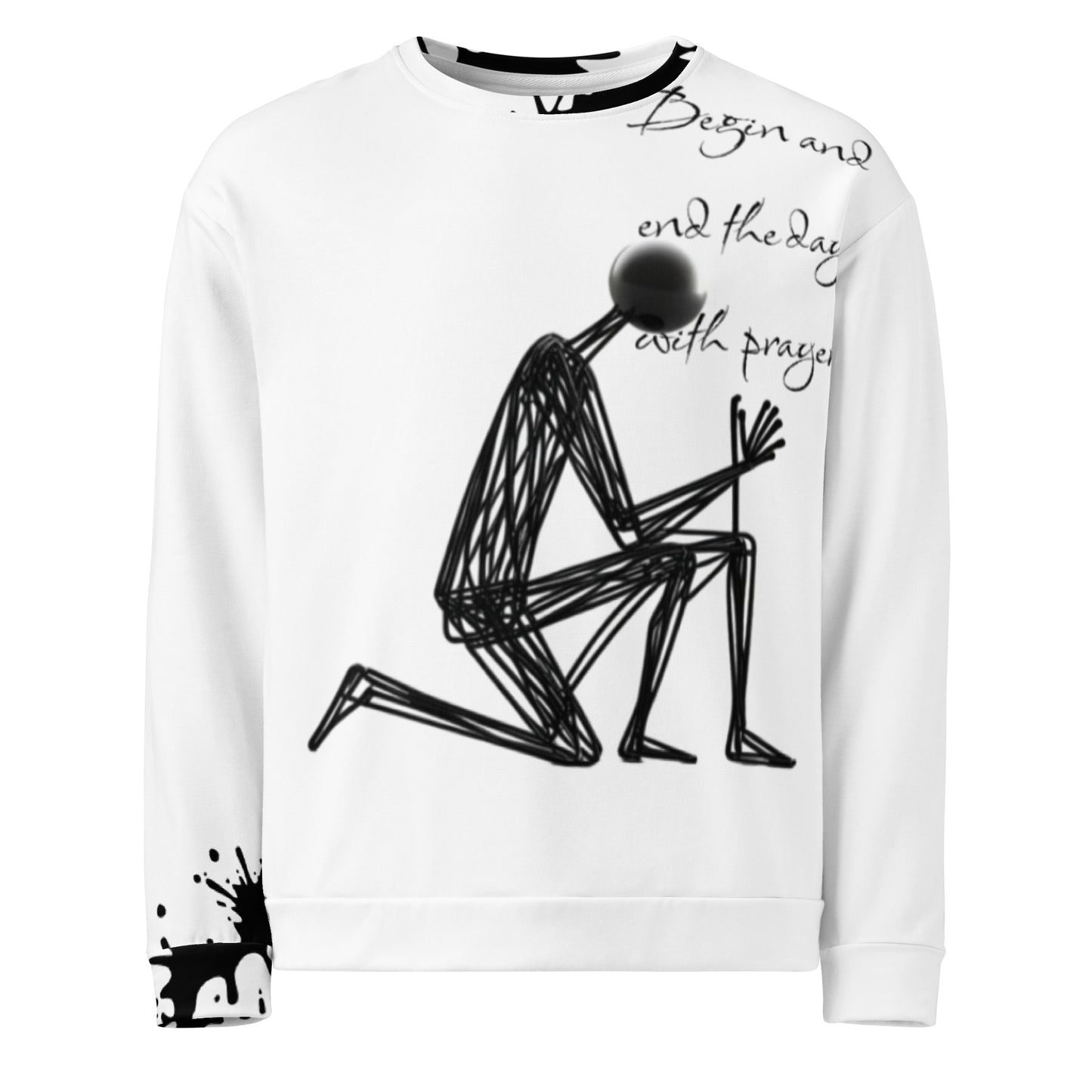 Unisex Sweatshirt – Start & End With Prayer featuring a modern black wireframe figure kneeling in prayer on white fabric with inspirational faith-inspired messaging, ideal for purpose-driven apparel.