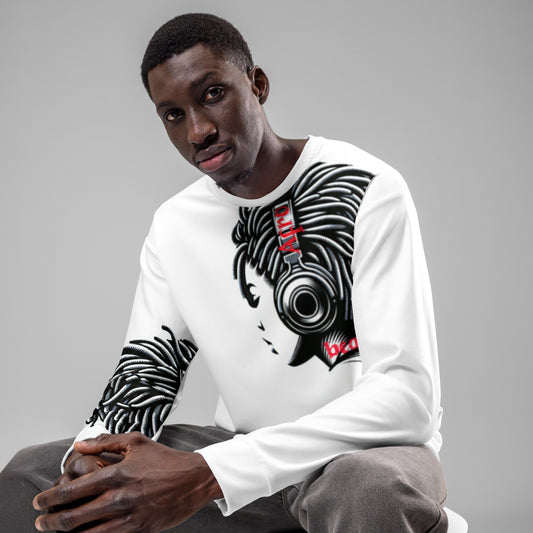 Man wearing a white Unisex Sweatshirt – Afro Vibes featuring bold black and red melanin-rich imagery of a woman with headphones, reflecting faith-inspired apparel with purpose-driven messaging.