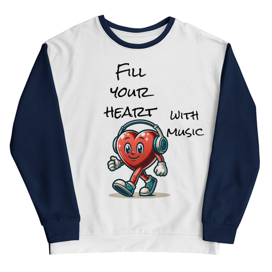 Fill Your Heart With Music Sweatshirt featuring a walking heart character wearing headphones on a white and navy raglan style sweatshirt, blending cozy apparel with inspirational imagery.