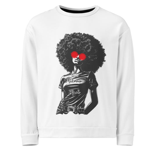 White sweatshirt featuring a black and white illustration of a woman with a large afro wearing red sunglasses and a shirt that says "Melanin Made," showcasing the Black Girl Magic Sweatshirt.