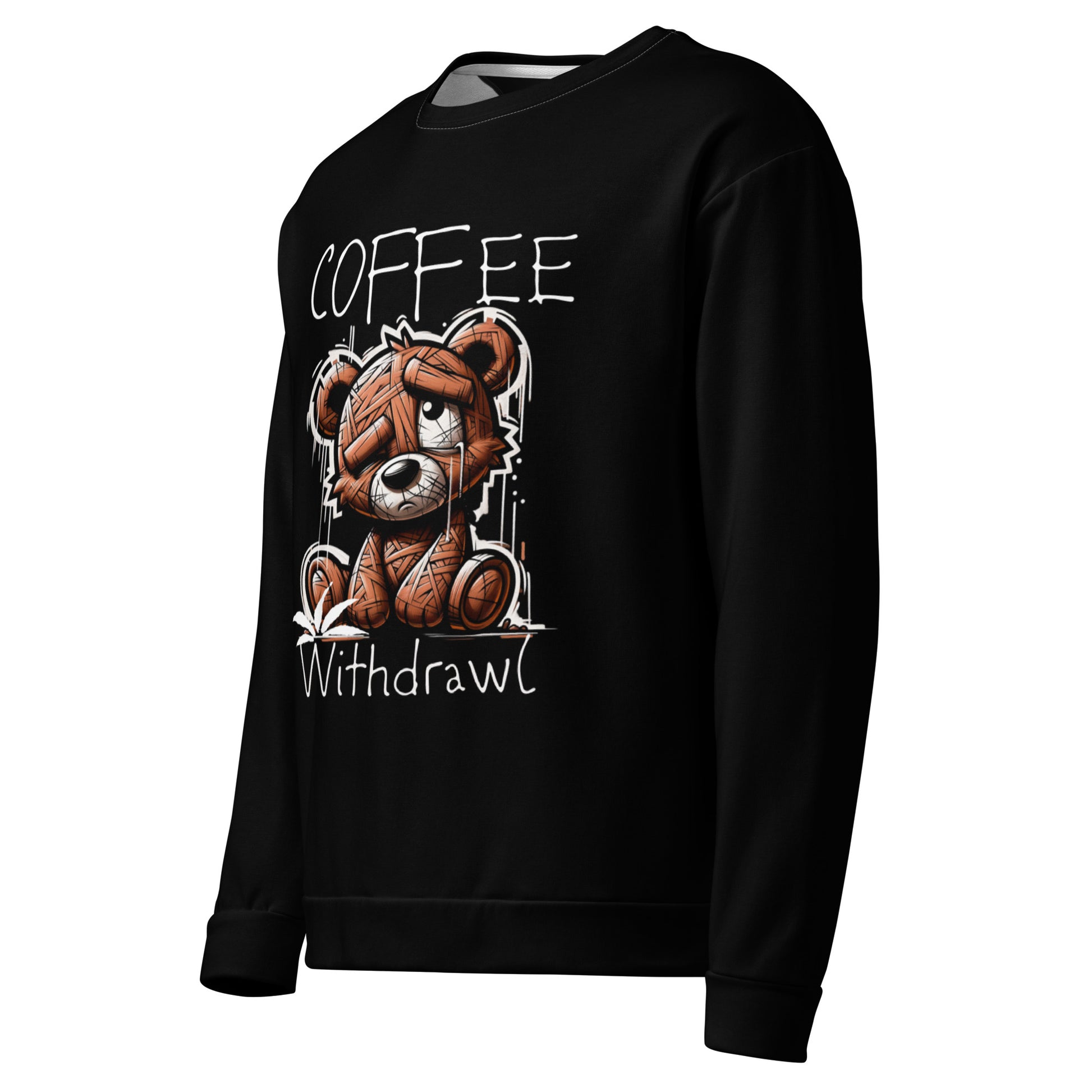 Unisex Sweatshirt – Coffee Withdrawal featuring a black fabric with a brown teddy bear graphic and text, combining melanin-rich imagery and purpose-driven messaging for faith-inspired apparel.
