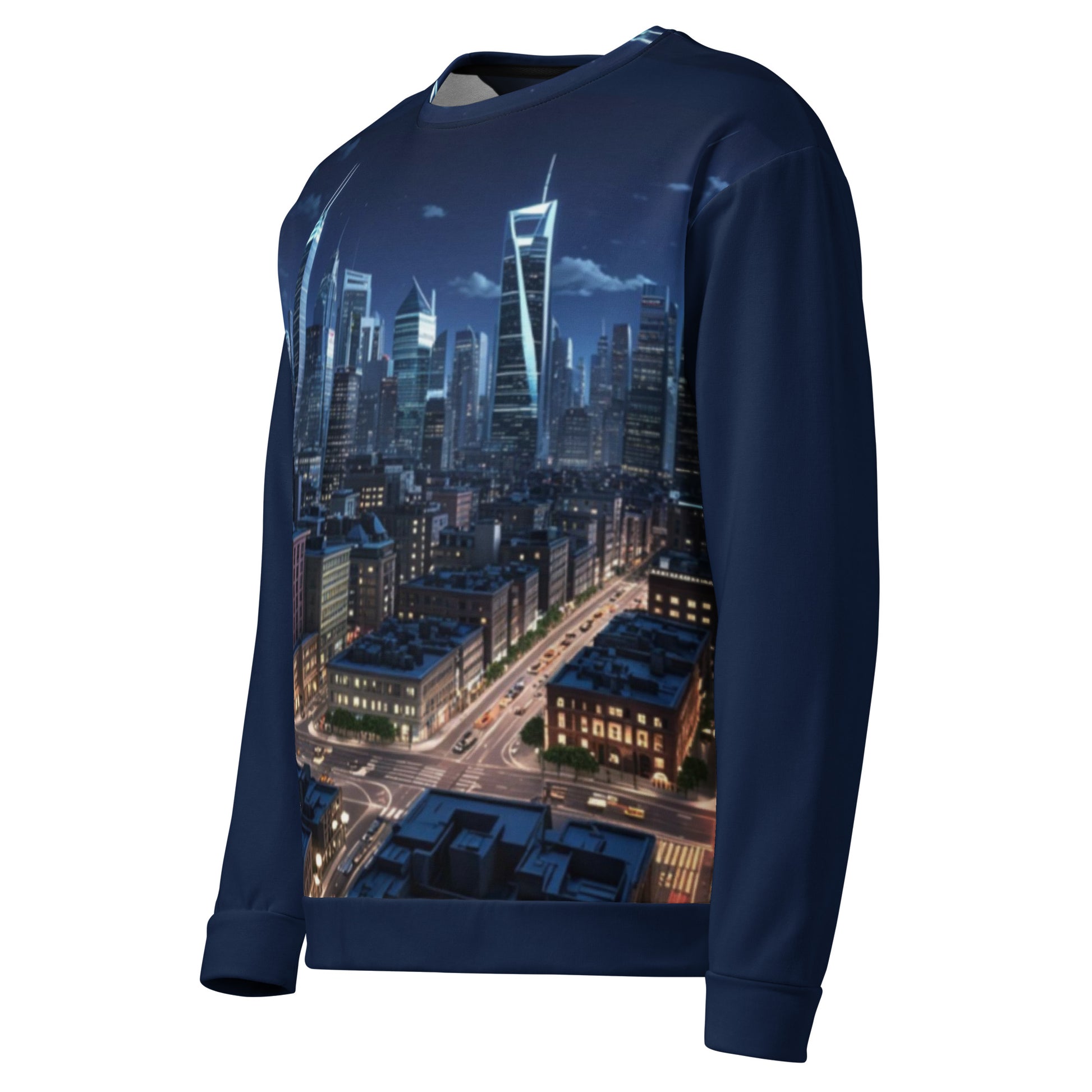 Unisex Sweatshirt – City Nights featuring a detailed nighttime cityscape print with glowing skyscrapers and streets on a navy blue background, blending melanin-rich imagery and purpose-driven messaging. Walk in purpose. Wear your faith.