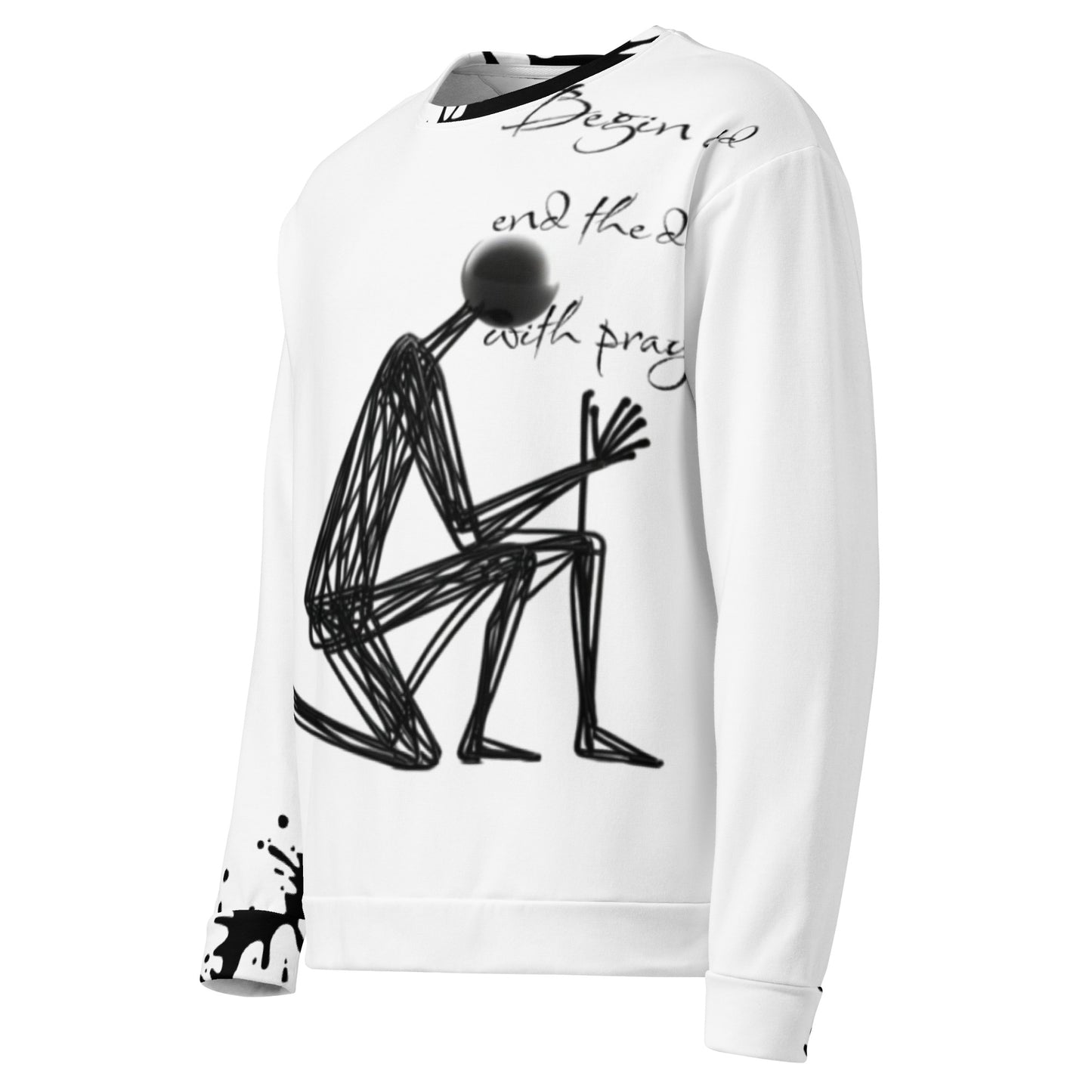 White unisex sweatshirt featuring a black abstract figure in a praying pose with script text and faith-inspired messaging, part of purpose-driven clothing collection titled Unisex Sweatshirt – Start & End With Prayer.