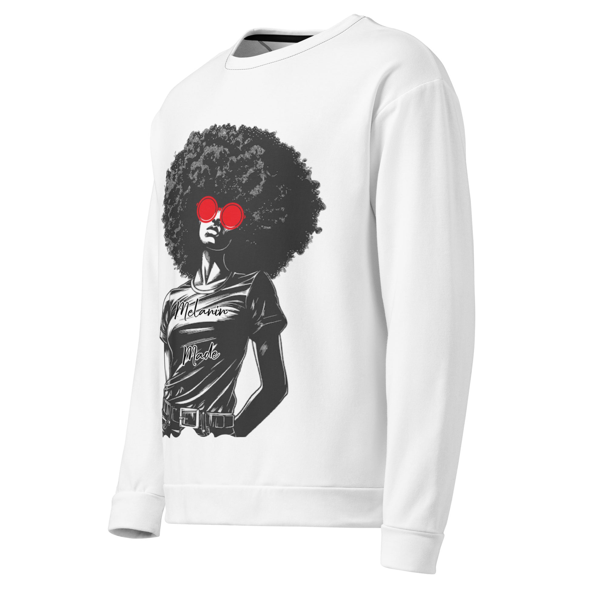 White sweatshirt featuring a confident Black woman with a large afro and red sunglasses wearing a shirt that says Melanin Made, styled on the Black Girl Magic Sweatshirt.