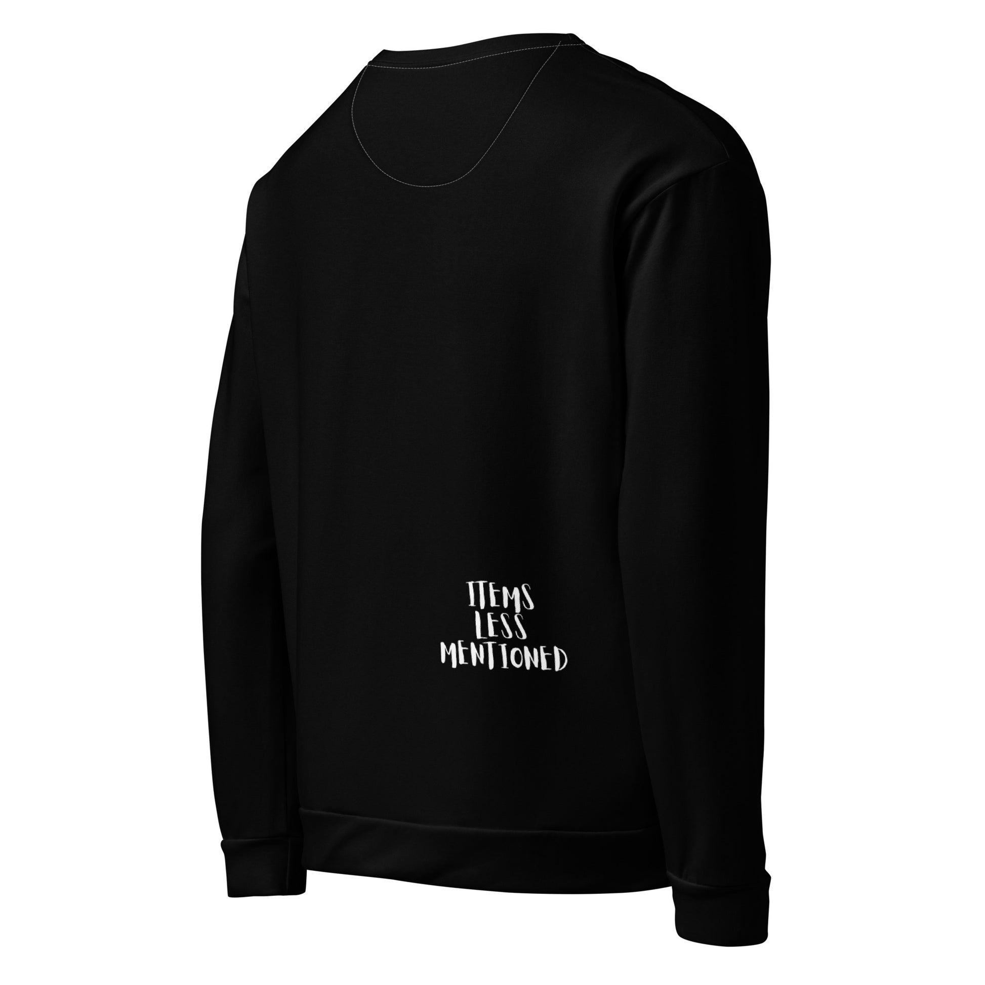 Black Unisex Sweatshirt – Coffee Withdrawal with minimalist white text "Items Less Mentioned" on the back, featuring faith-inspired apparel with melanin-rich imagery and purpose-driven messaging. Walk in purpose. Wear your faith.