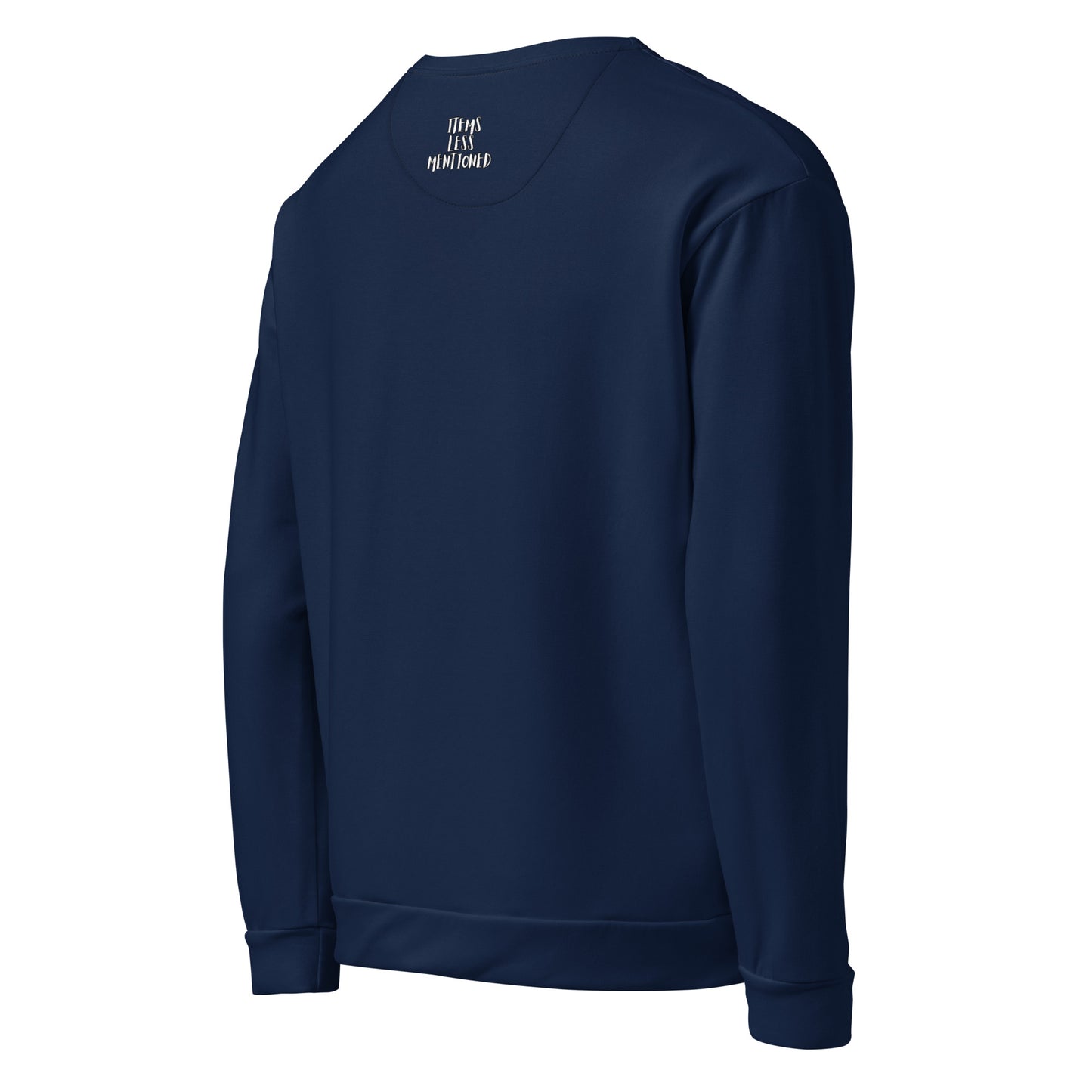 Back view of a navy blue Unisex Sweatshirt – City Nights featuring a simple design with a small back neck print, perfect faith-inspired apparel with melanin-rich imagery and purpose-driven messaging. Walk in purpose. Wear your faith.