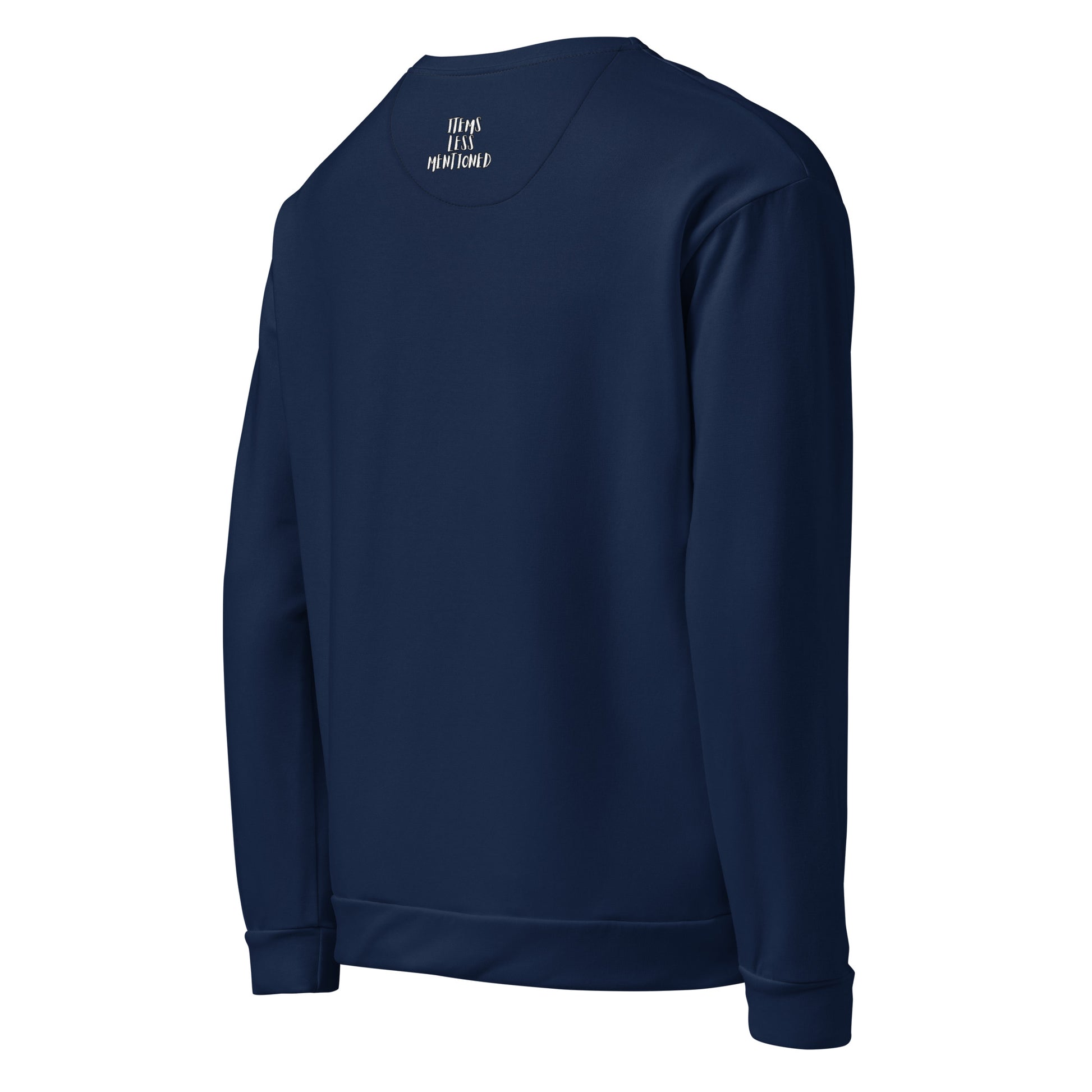 Back view of a navy blue Unisex Sweatshirt – City Nights featuring a simple design with a small back neck print, perfect faith-inspired apparel with melanin-rich imagery and purpose-driven messaging. Walk in purpose. Wear your faith.