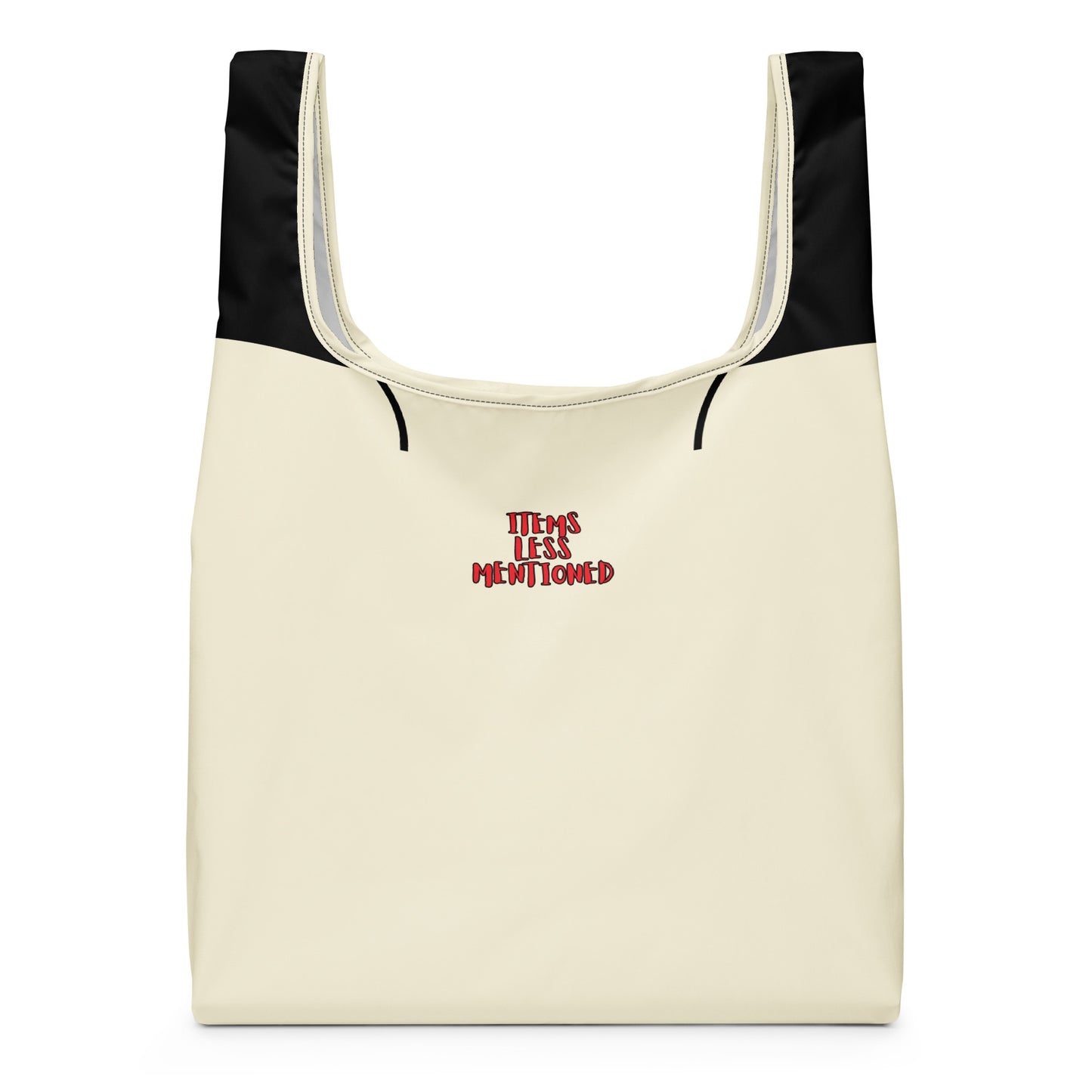 Cream and black shopping bag with small red "Items Less Mentioned" text, showcasing the "Shopping Bag – You're My Cup of Tea" featuring faith-inspired design and purpose-driven messaging.