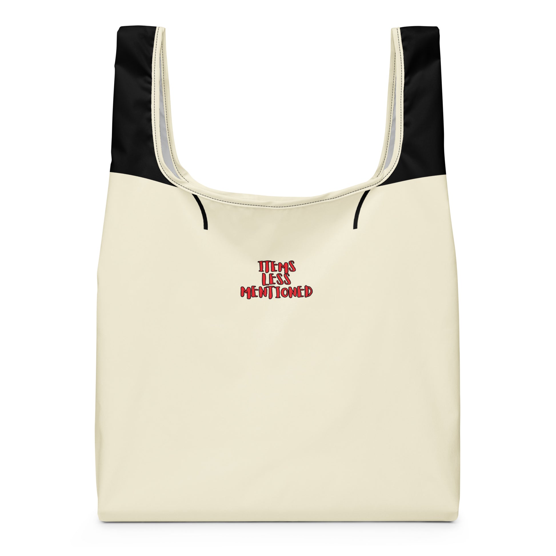 Cream and black shopping bag with small red "Items Less Mentioned" text, showcasing the "Shopping Bag – You're My Cup of Tea" featuring faith-inspired design and purpose-driven messaging.