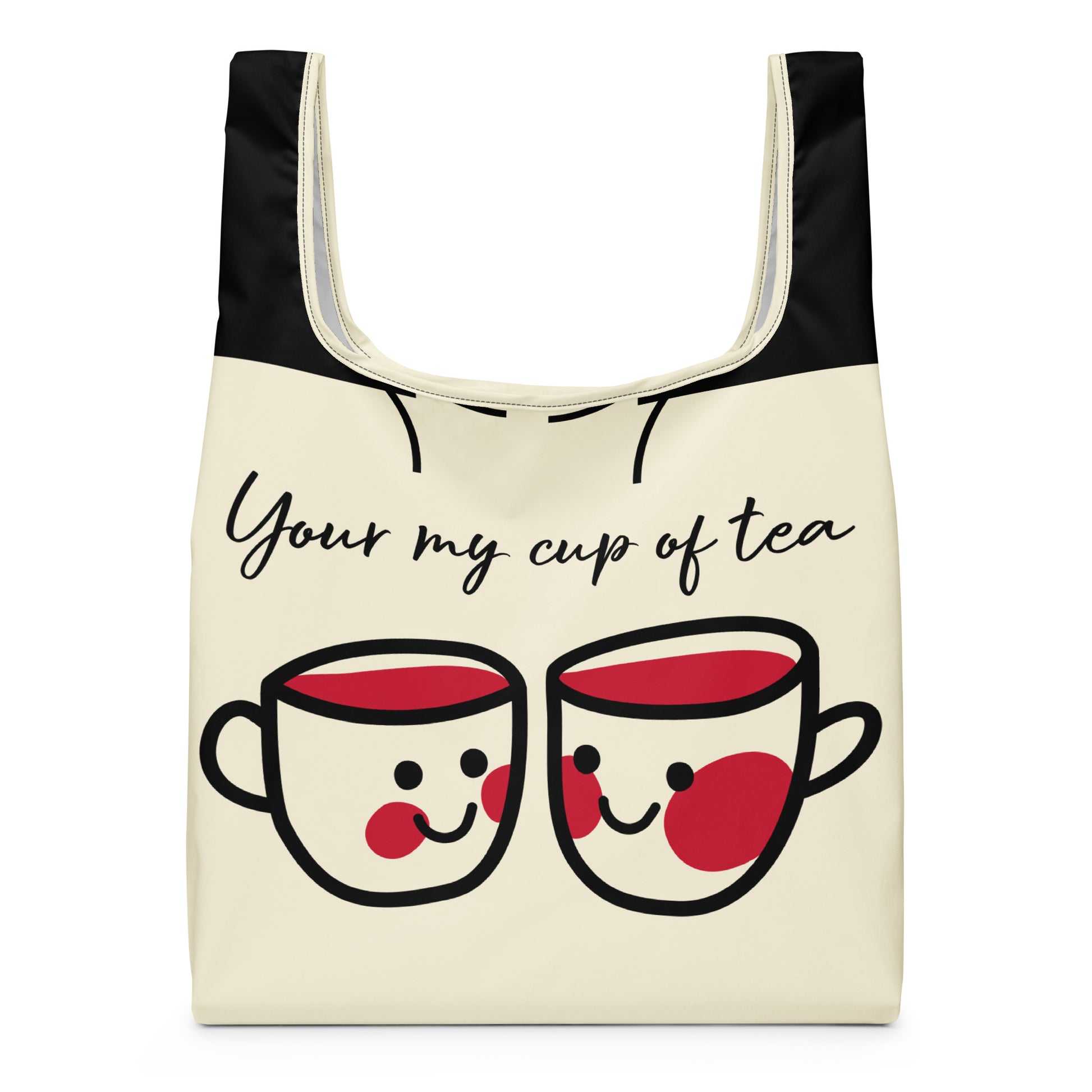 Reusable tote bag featuring a playful design of two smiling tea cups with the phrase Shopping Bag – You're My Cup of Tea, celebrating faith-inspired style and purpose-driven messaging.