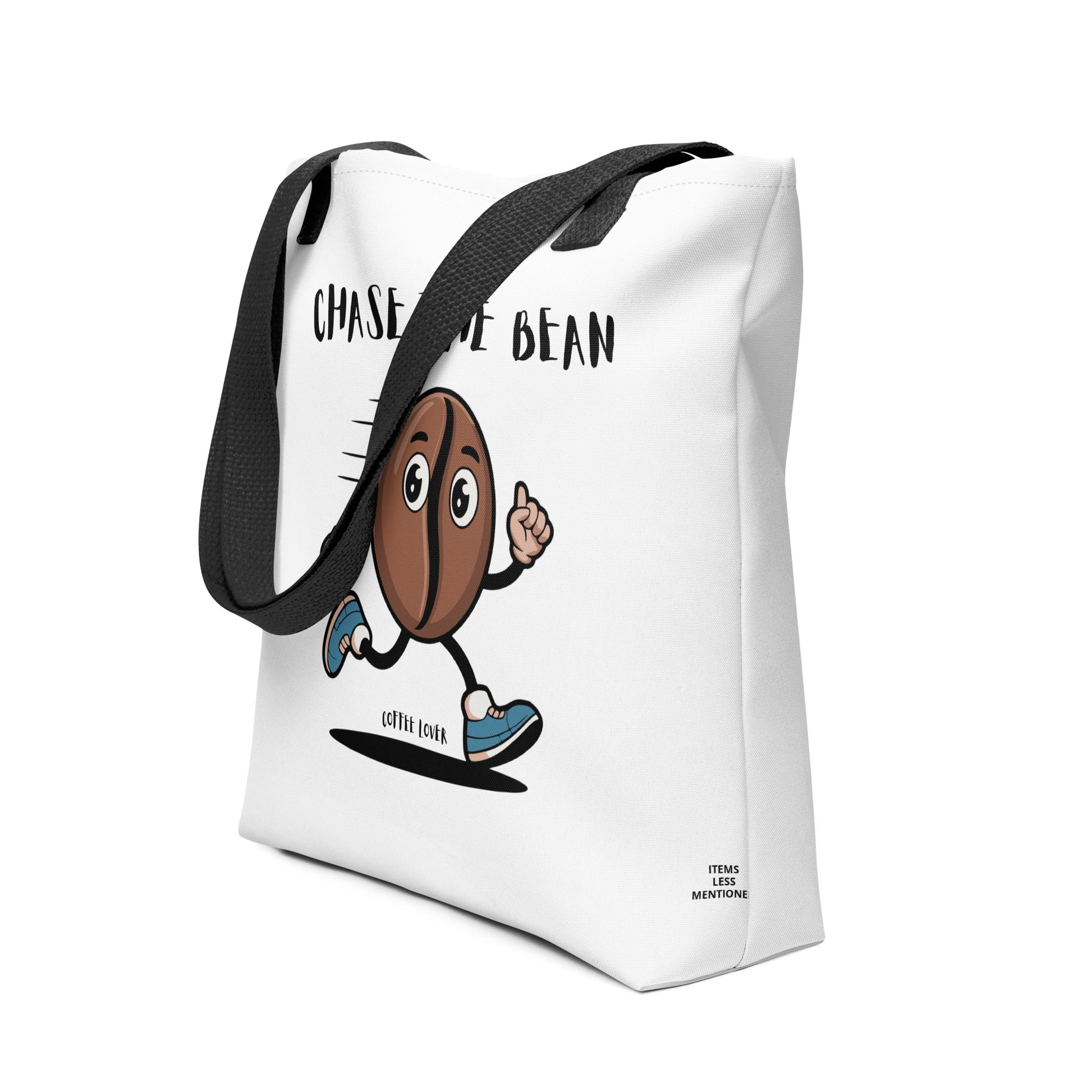 White tote bag featuring a running coffee bean character with the phrase Chase the Bean, designed for faith-inspired apparel and gifts. Tote Bag – Chase the Bean.