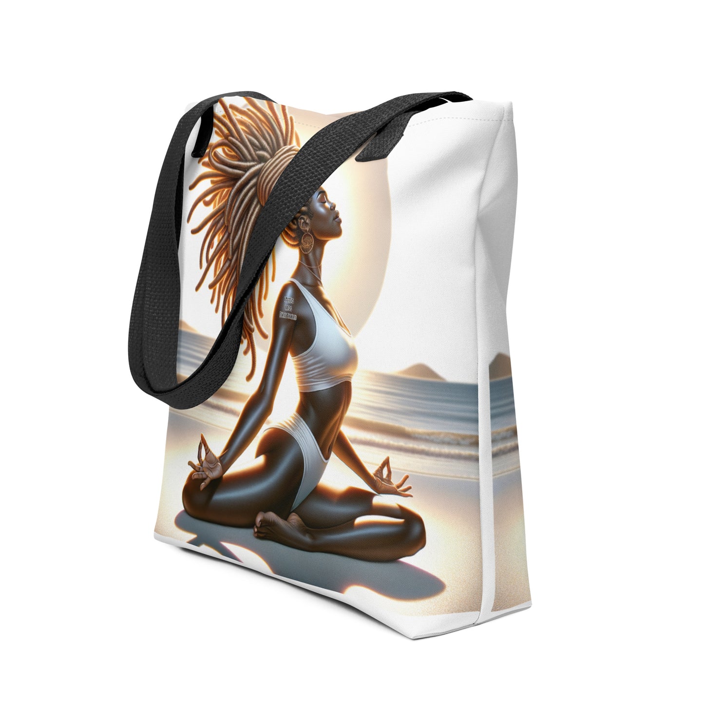 Tote Bag – Pilates in the Sun featuring an artistic image of a melanin-rich woman practicing yoga by the beach at sunrise, embodying faith, purpose, and serenity.