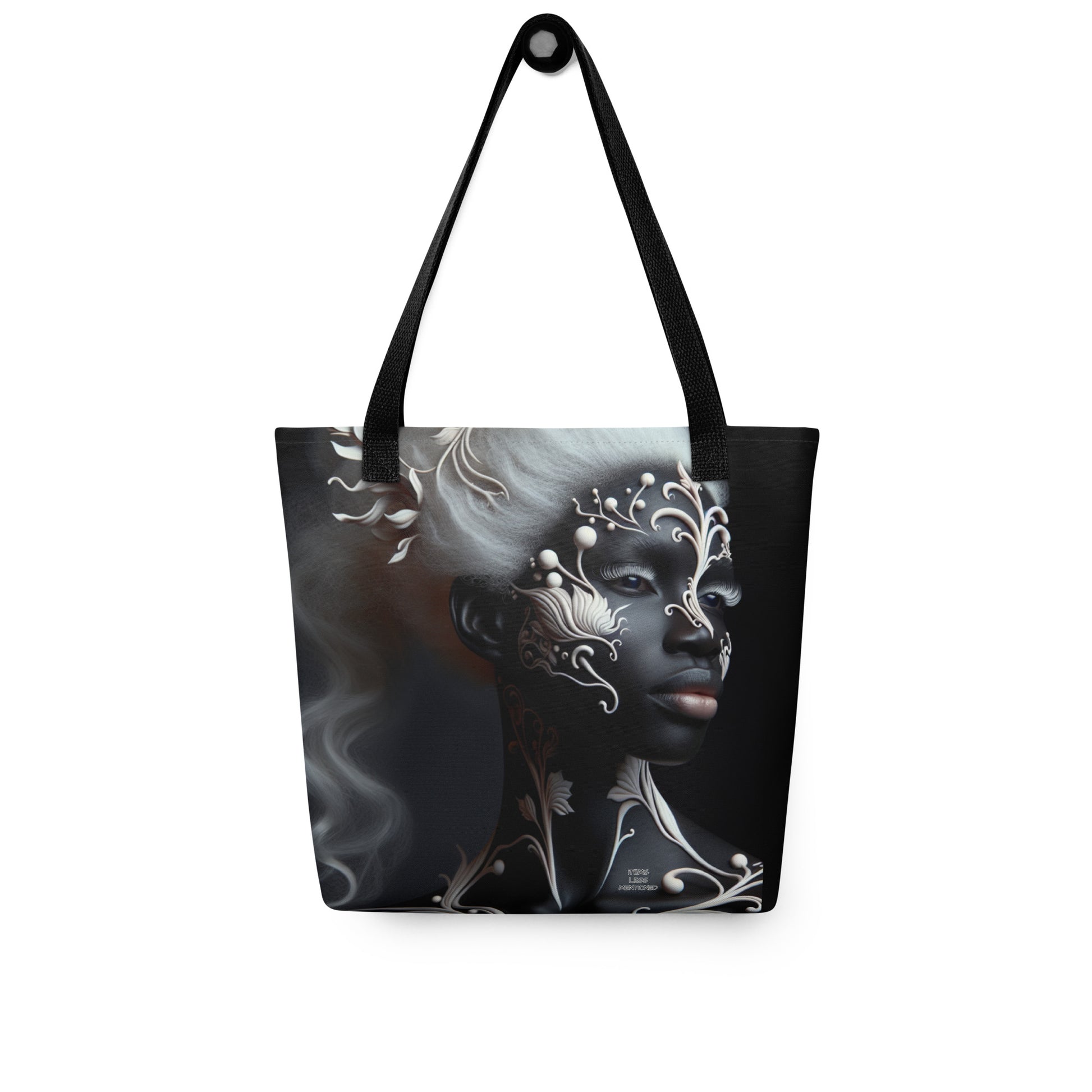 Tote Bag – Botanical Woman featuring a striking design of a melanin-rich woman's face adorned with elegant white botanical patterns, blending faith-inspired art with purpose-driven messaging. Walk in purpose. Wear your faith.