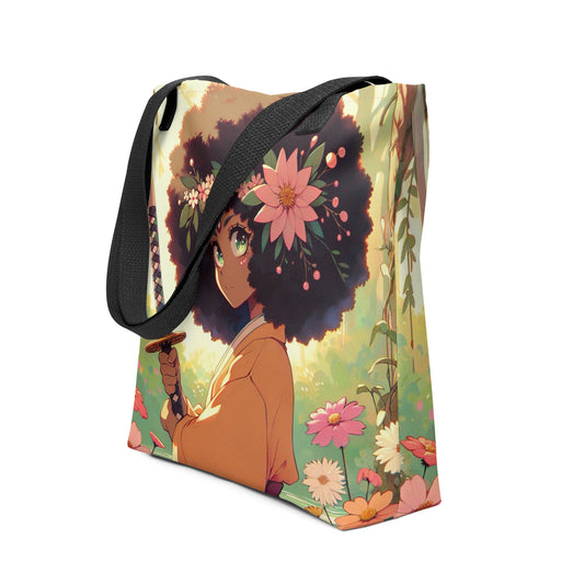 Tote Bag – Black Ninja Queen featuring vibrant melanin-rich artwork of a young woman with a large floral afro, surrounded by colorful flowers, blending faith-inspired and purpose-driven design.