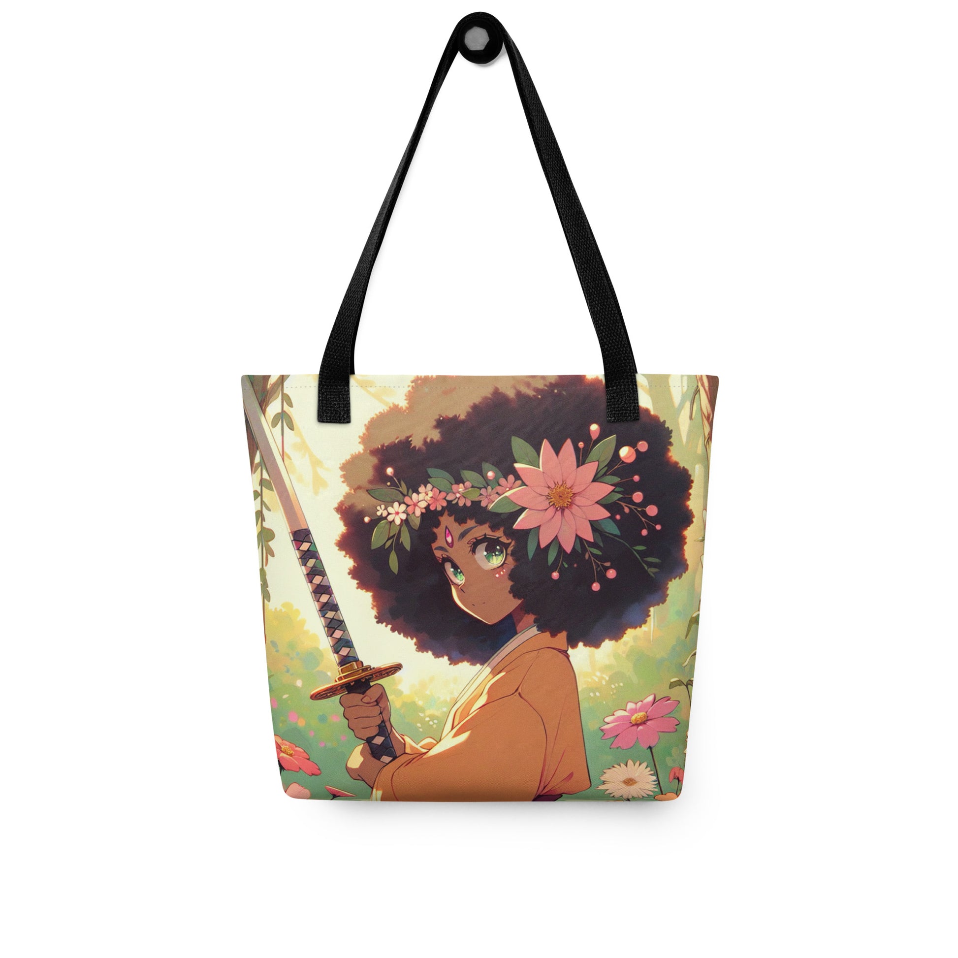 Tote Bag – Black Ninja Queen featuring vibrant artwork of a young Black woman with an afro adorned with flowers holding a katana, embodying strength and grace, faith-inspired and purpose-driven messaging.