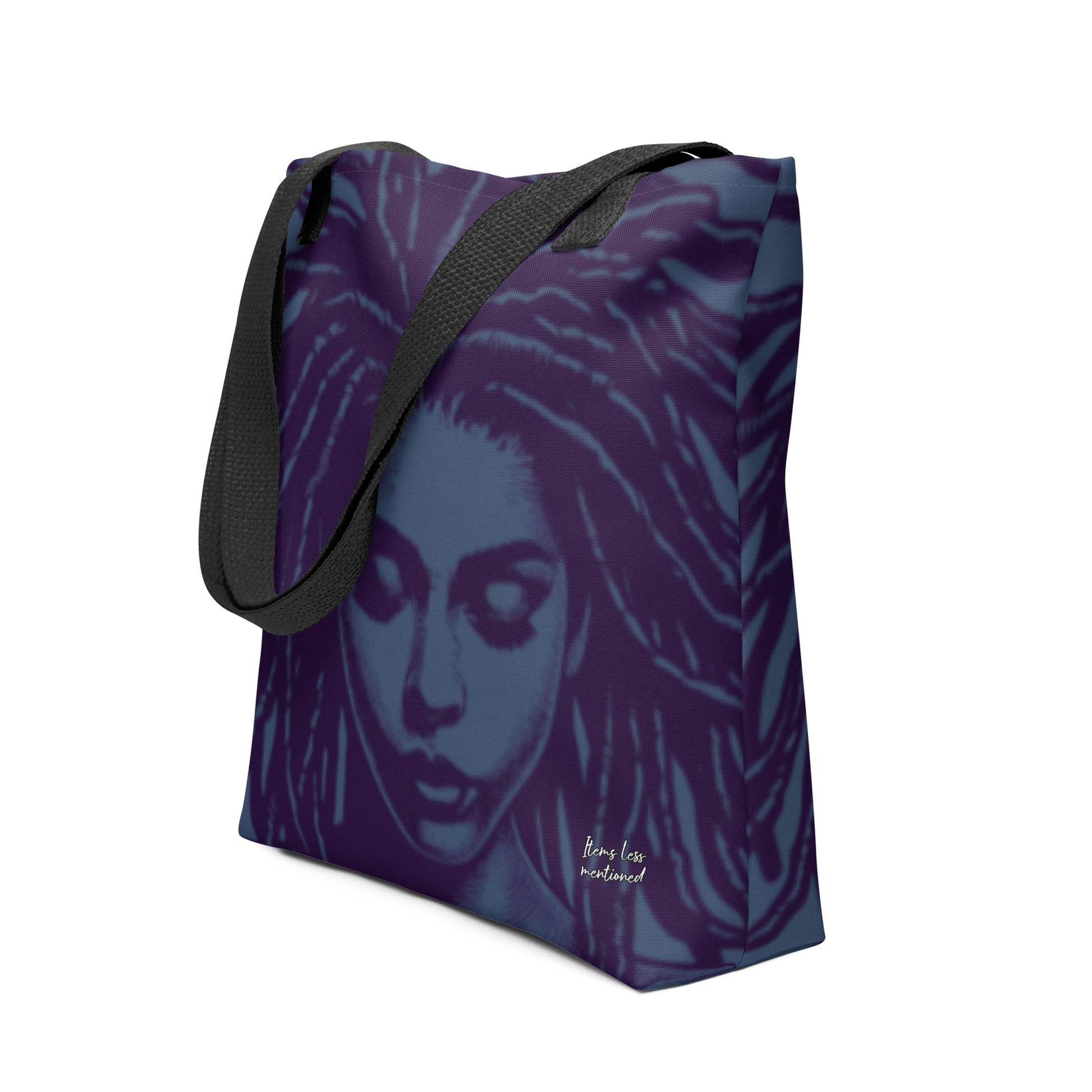 Tote Bag – Naturally Loc'd featuring a serene portrait of a woman with flowing hair in deep blue and purple tones, designed with faith-inspired, melanin-rich imagery and purpose-driven messaging.