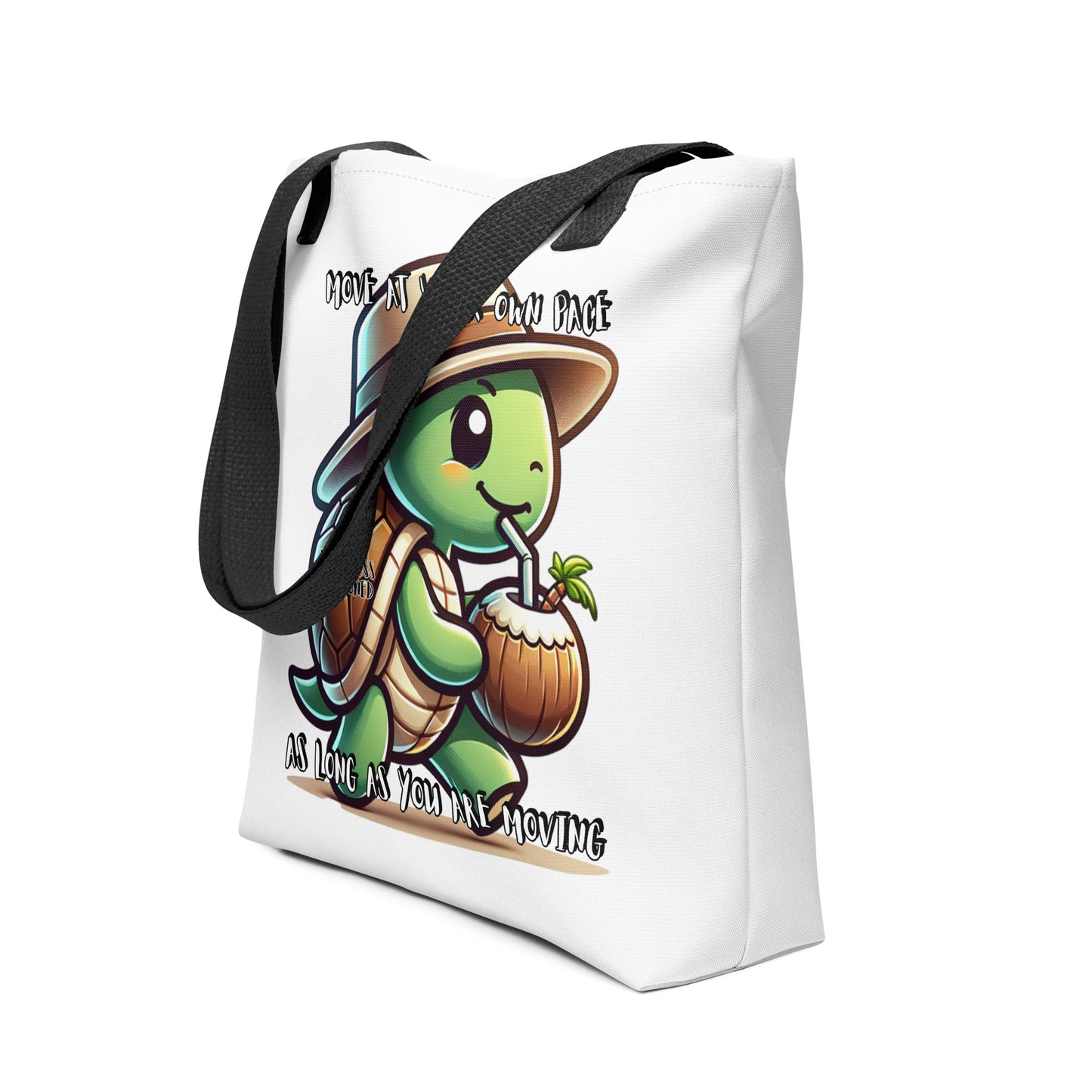 Tote Bag – Coconut Turtle Vibes featuring a cute turtle sipping coconut drink with a hat and inspirational message, a faith-inspired tote bag with melanin-rich imagery and purpose-driven messaging.