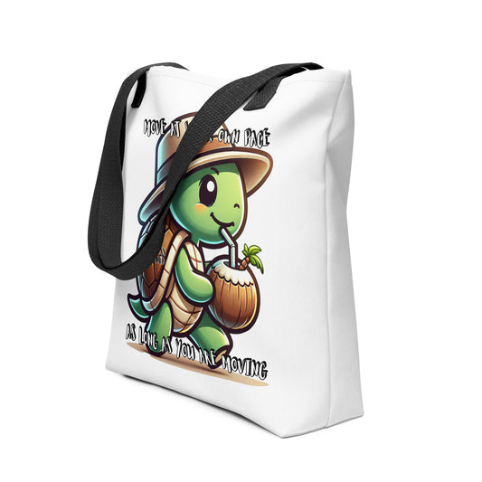 Tote Bag – Coconut Turtle Vibes featuring a cute turtle sipping coconut drink with a hat and inspirational message, a faith-inspired tote bag with melanin-rich imagery and purpose-driven messaging.