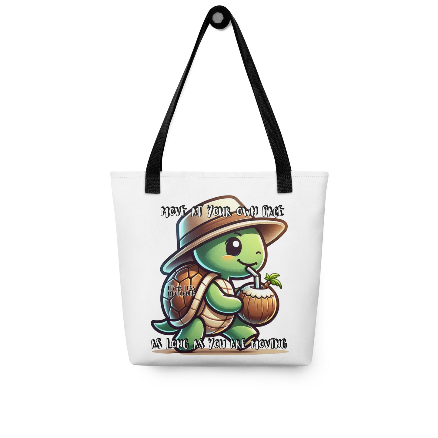 Tote Bag – Coconut Turtle Vibes featuring a cute turtle with a hat sipping coconut water, embodying faith-inspired apparel and gifts with melanin-rich imagery and purpose-driven messaging. Walk in purpose. Wear your faith.