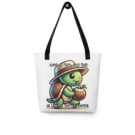 Tote Bag – Coconut Turtle Vibes featuring a cute turtle with a hat sipping coconut water, embodying faith-inspired apparel and gifts with melanin-rich imagery and purpose-driven messaging. Walk in purpose. Wear your faith.