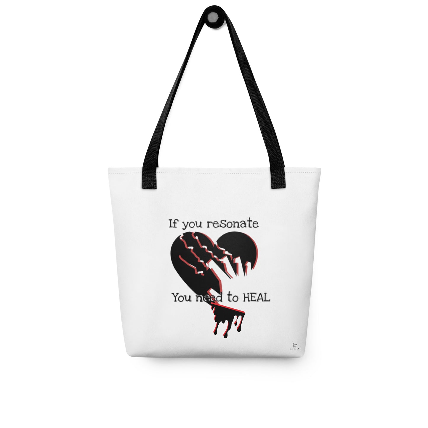 White tote bag with black handles featuring a black heart graphic and the text "If you reSonate You need to HEAL", branded as Tote Bag – If You Resonate You Need to Heal