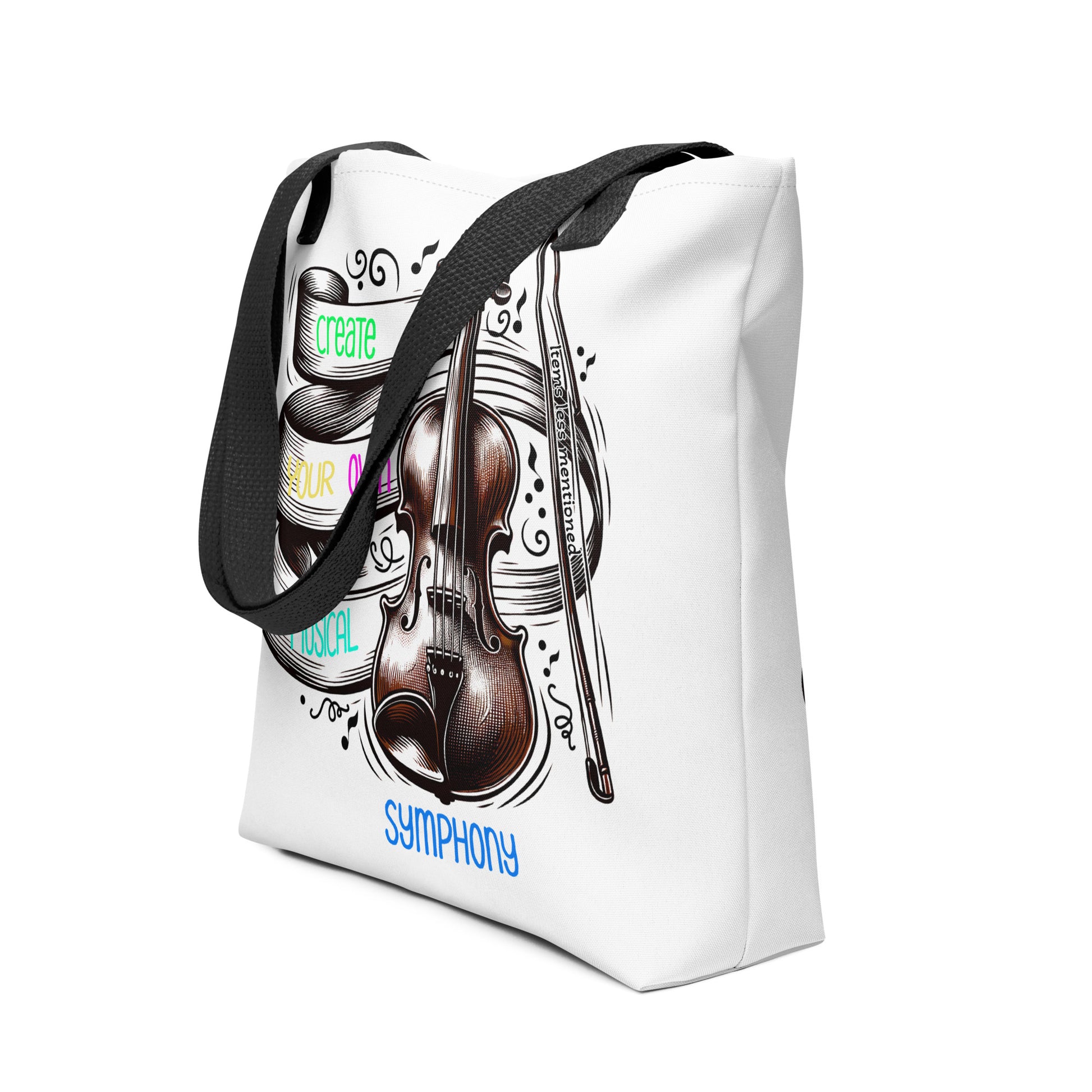 White tote bag featuring detailed violin illustration with music notes and colorful text, carrying black fabric handles, named Tote Bag – Create Your Own Musical Symphony.