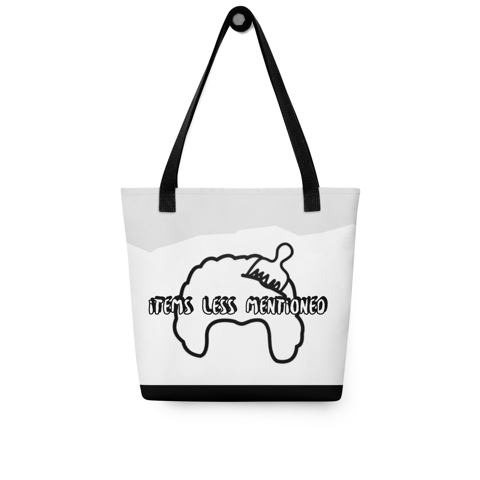 White tote bag with black handles featuring a minimalist black line art design and the text "ITEMS LESS MENTIONED," part of the Tote Bag – Items Less Mentioned collection.