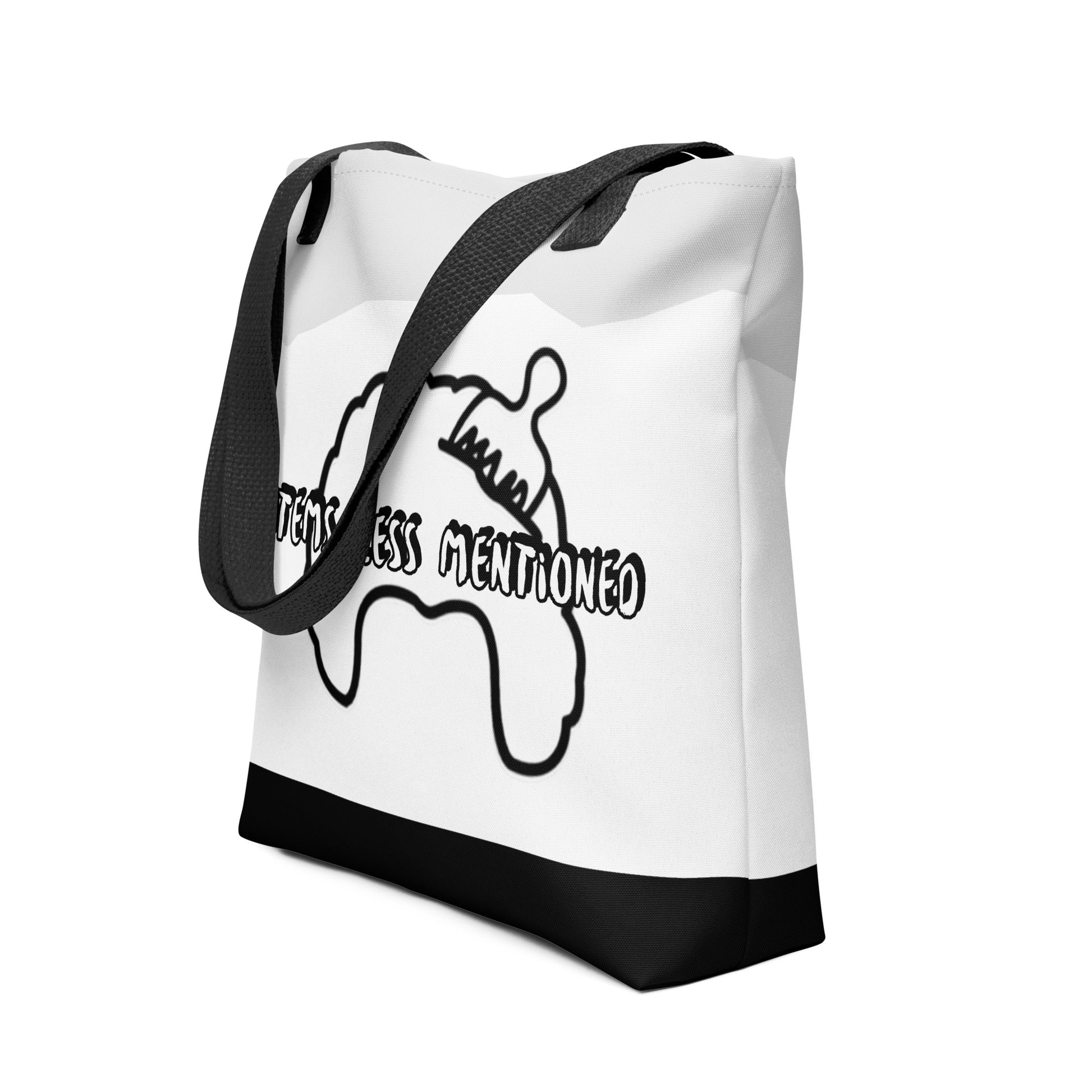 White and black tote bag featuring a bold graphic design with the phrase "Items Less Mentioned" and sturdy black straps, representing Items Less Mentioned brand.