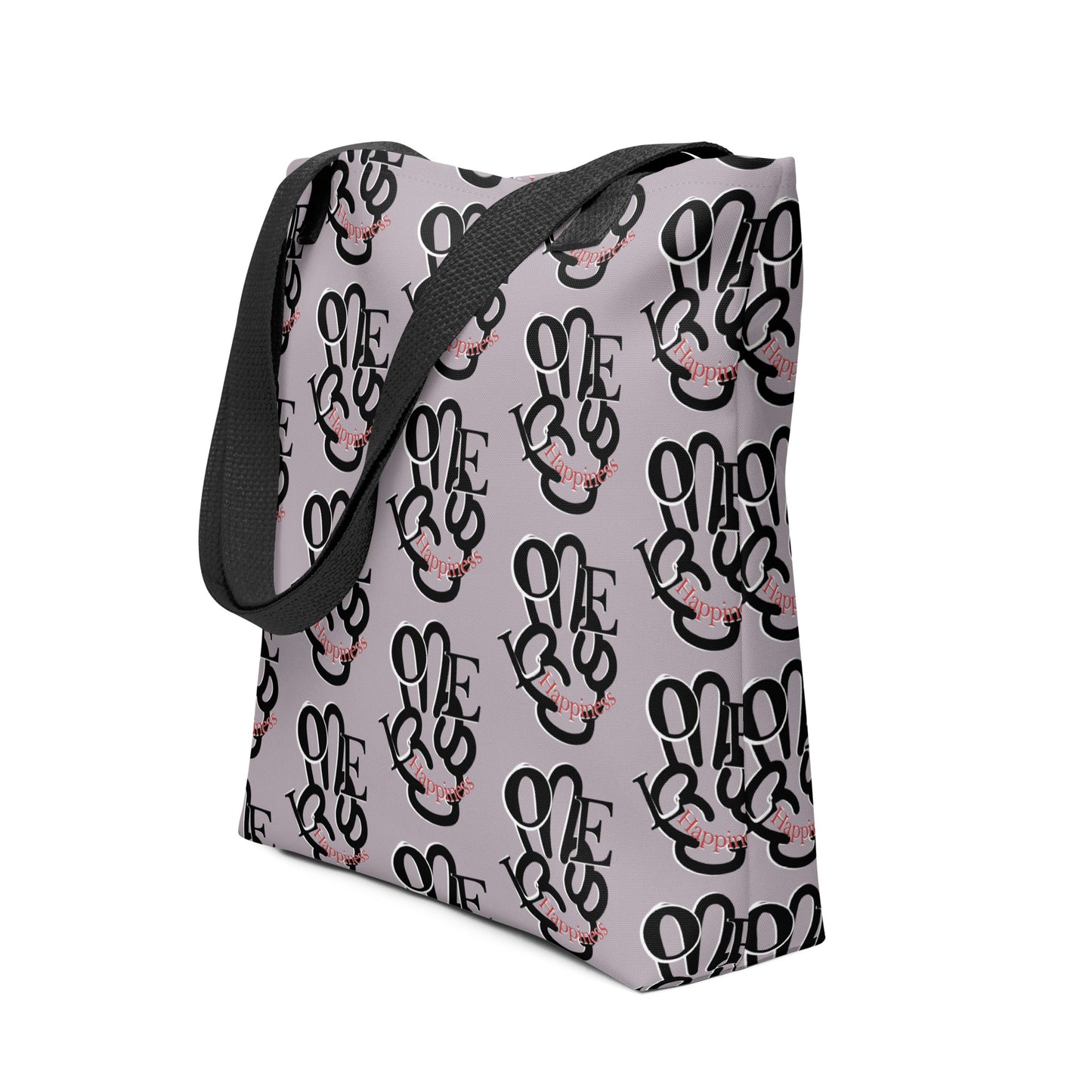 Tote Bag – One Love Peace Sign featuring a repeated black and pink typography design on a light gray background with black shoulder straps, perfect for everyday use.